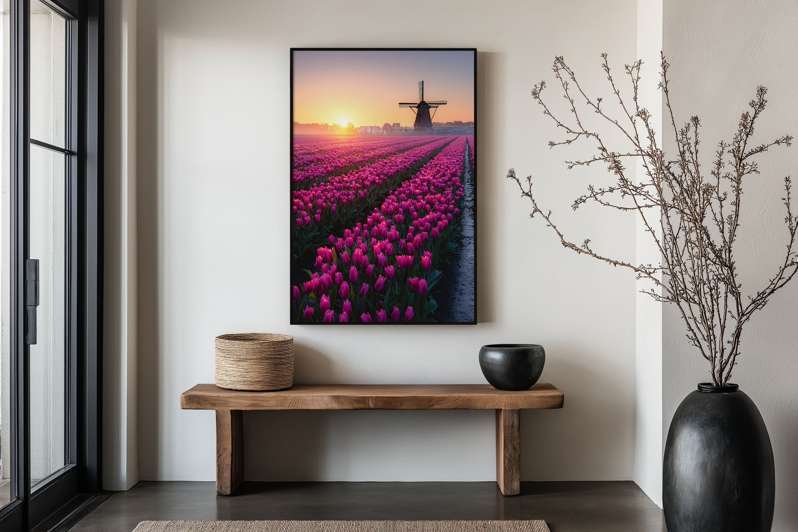 Dutch Tulip Field Windmill Sunrise Print | Netherlands Holland Wall Art | Pink Tulip Field Landscape Photography Poster