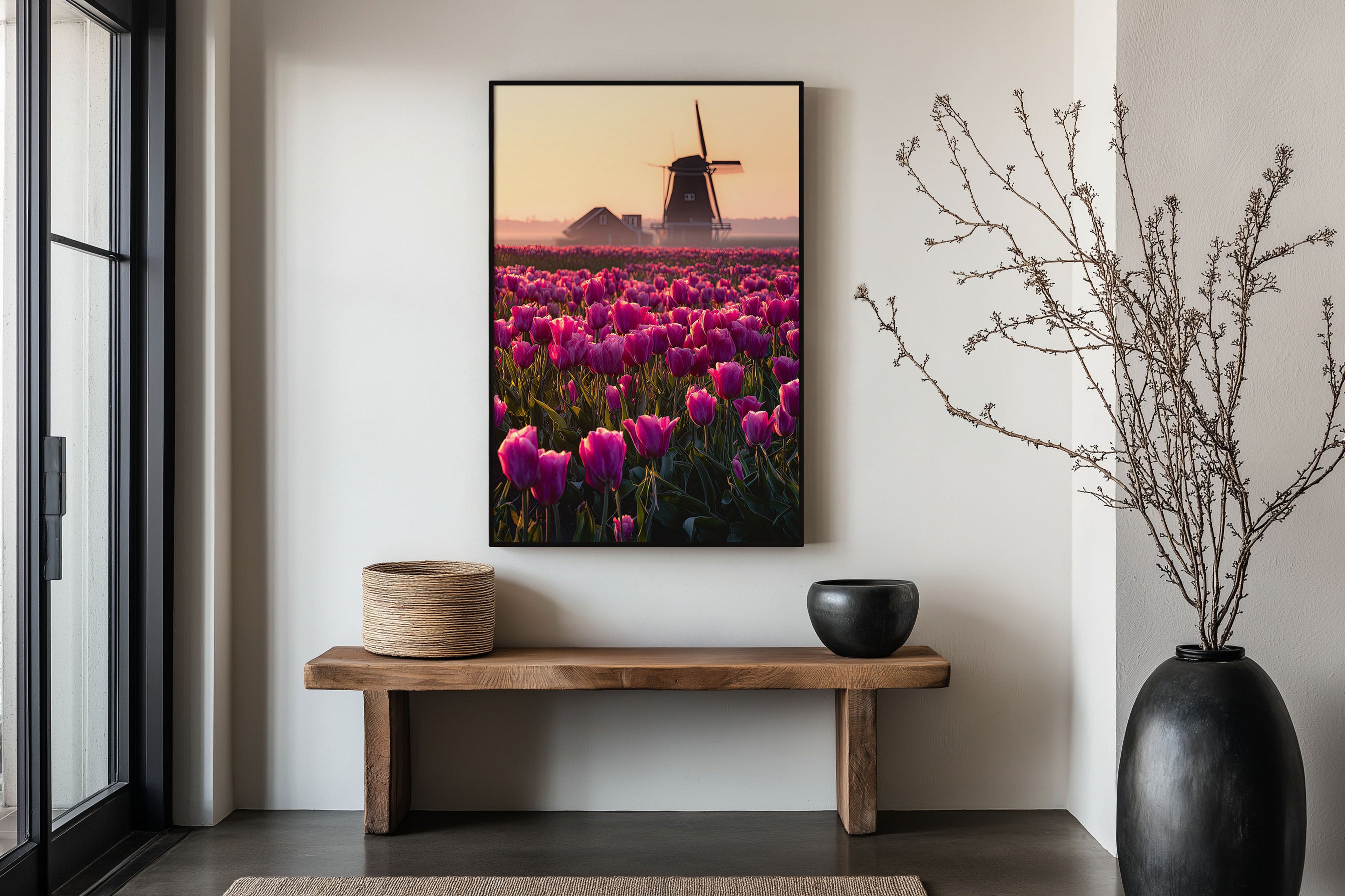 Dutch Tulip Field Windmill Misty Sunrise Print | Netherlands Holland Wall Art | Pink Purple Tulip Field Landscape Photography Poster