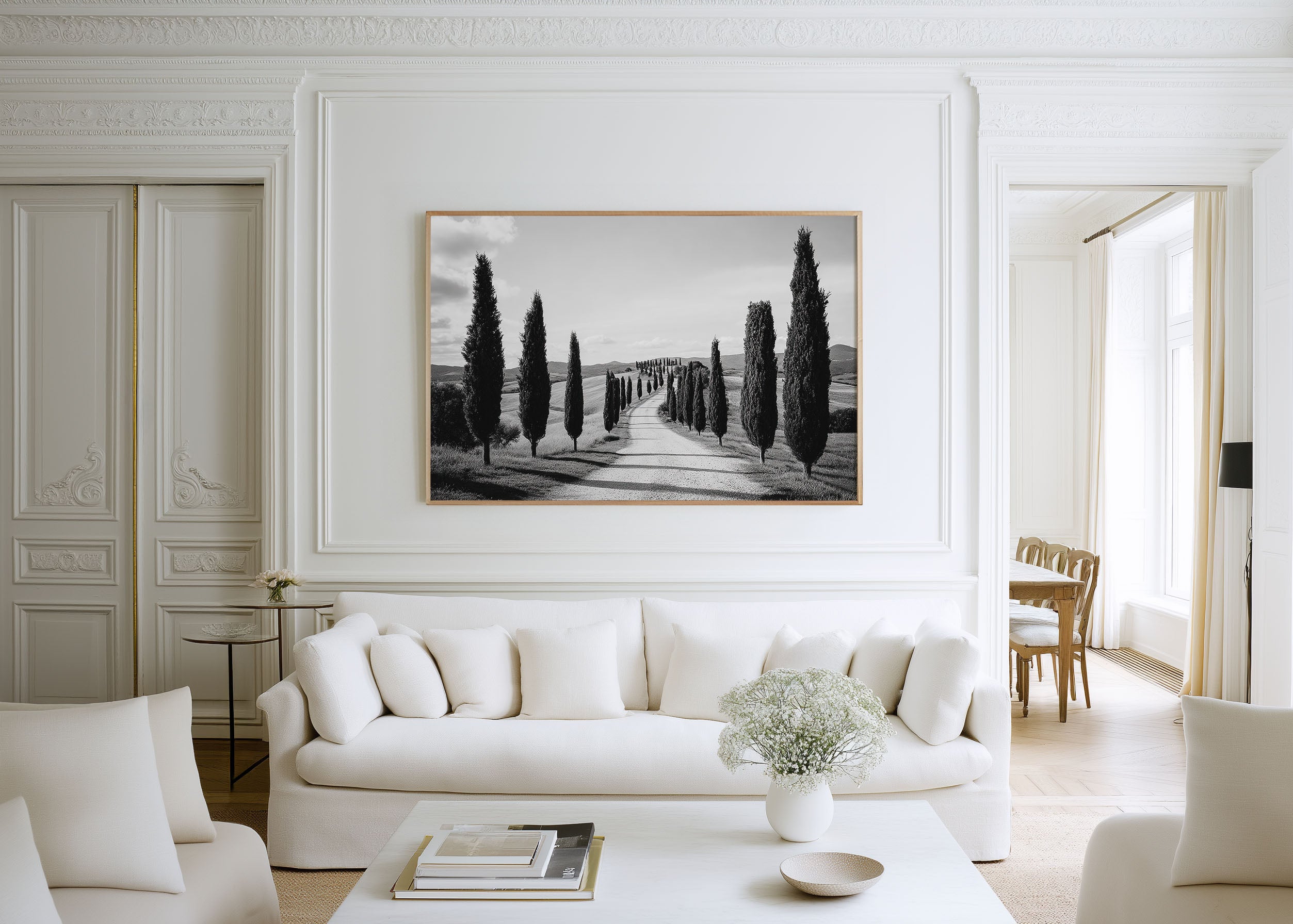 Tuscany Cypress Tree Road Italy Wall Art Print, Black and White Val d'Orcia Landscape