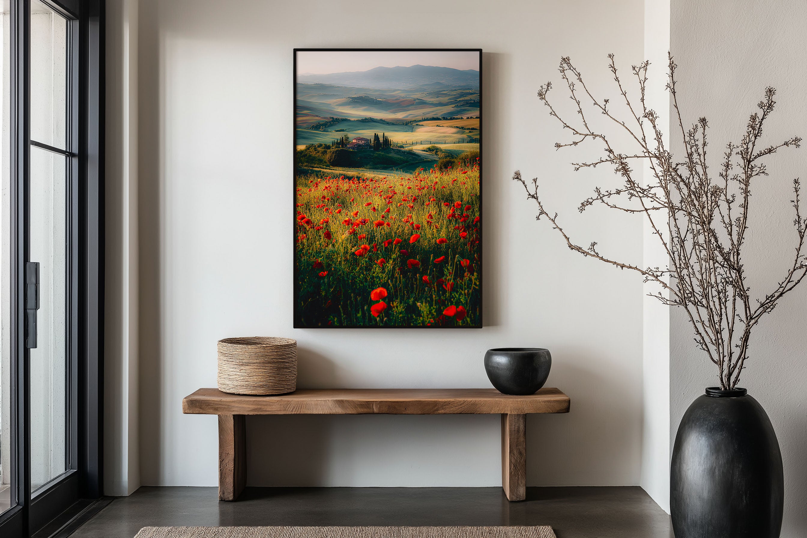 Tuscany Poppy Field Morning Wall Art Print | Val d'Orcia Italy Landscape Photography | Red Wildflower Countryside Poster
