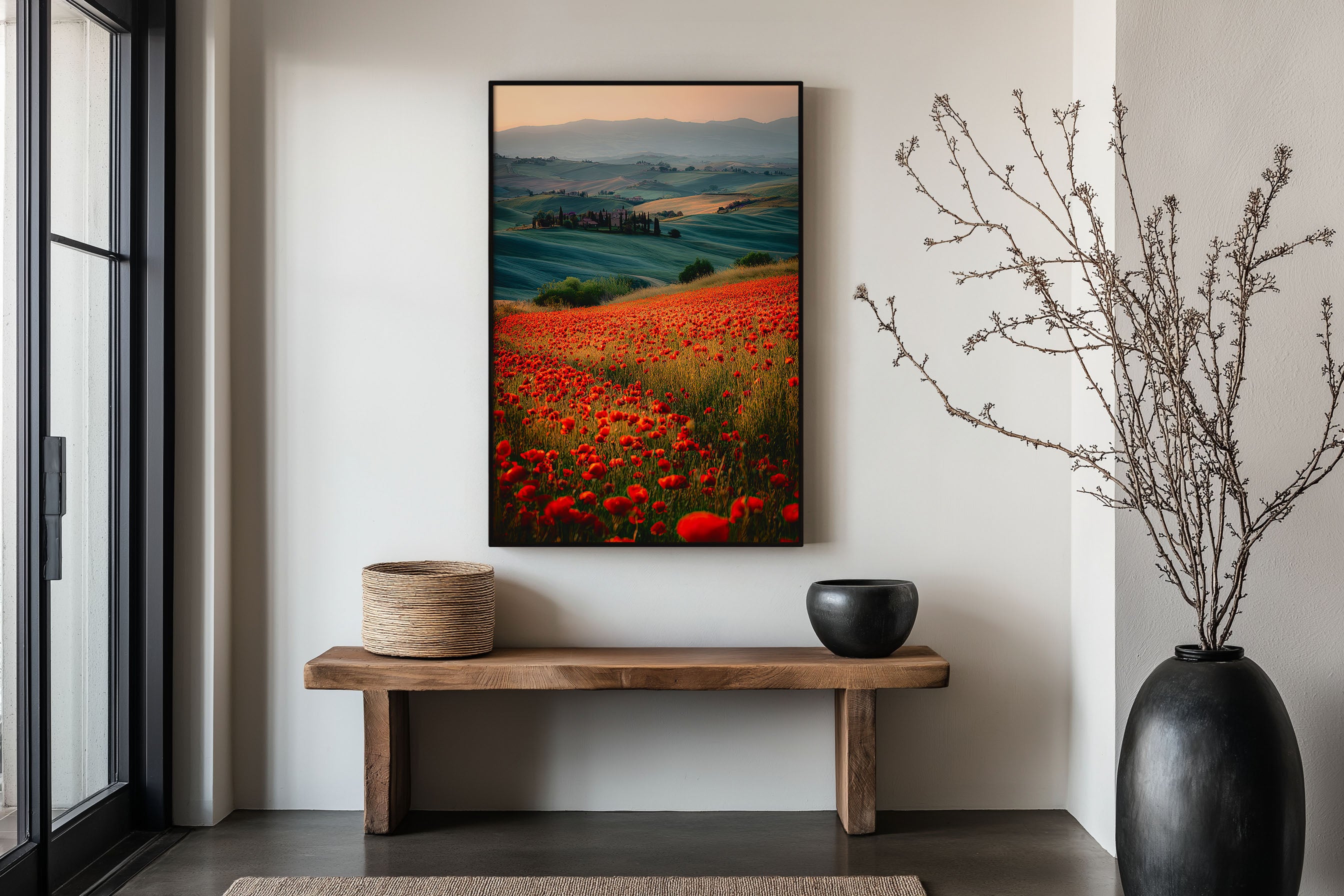 Tuscany Poppy Field Sunrise Wall Art Print | Val d'Orcia Italy Rolling Hills Photography | Red Wildflower Dawn Landscape Poster