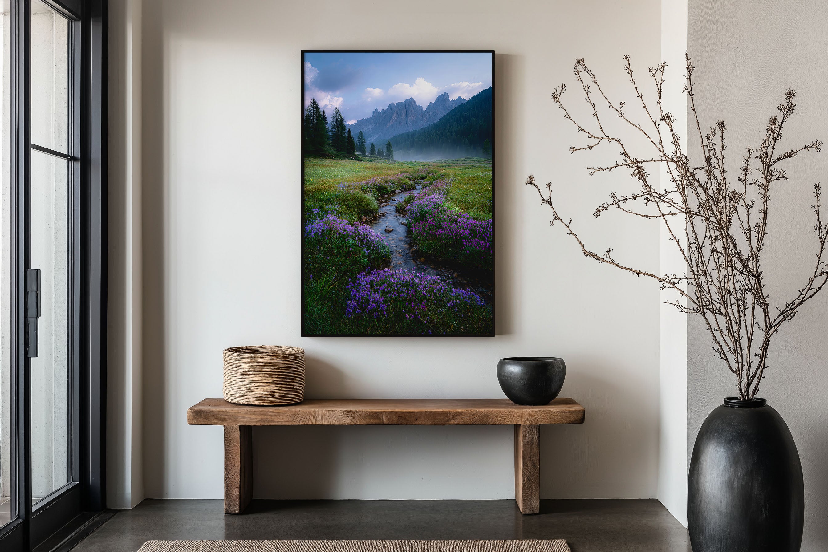 Val di Funes Dolomites Wildflower Meadow Print | Italian Alps Alpine Stream Wall Art | Dolomites Purple Wildflower Valley Landscape Photography Poster