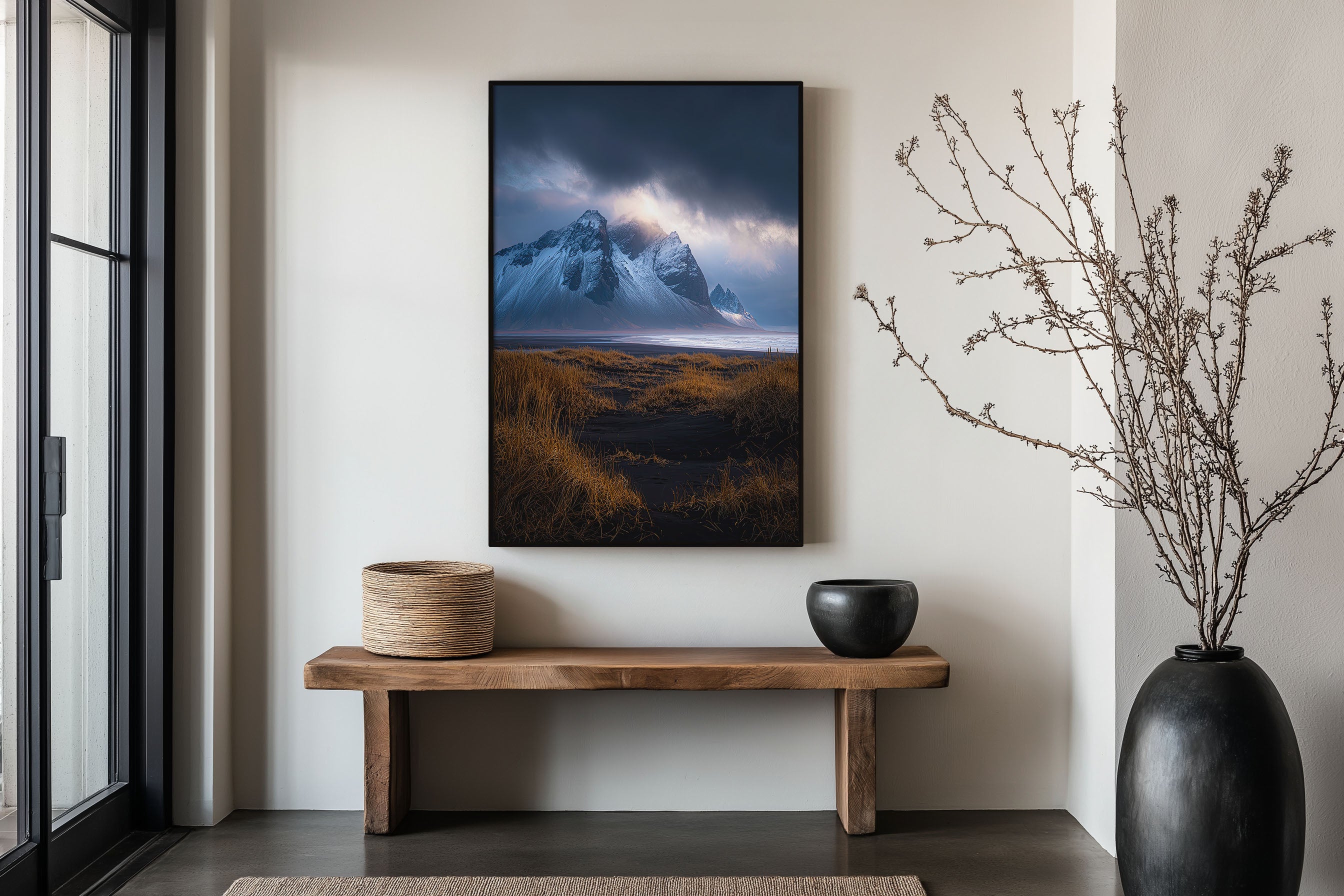 Vestrahorn Winter Storm Wall Art Print | Stokksnes Iceland Snow Mountain Photography | Black Sand Dune Grass Dramatic Poster