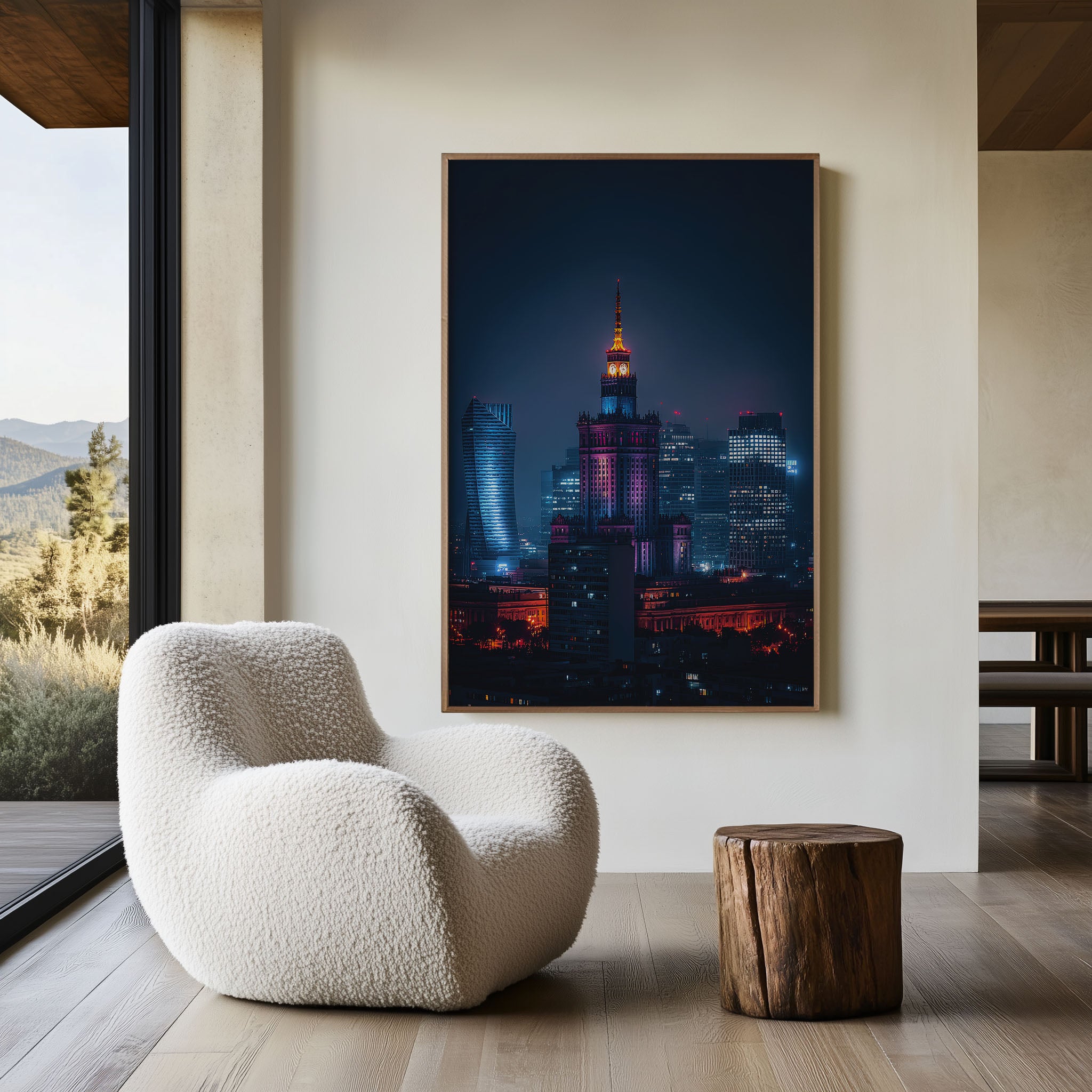 Warsaw Palace of Culture Night Wall Art | Poland Skyline Neon Print | City Lights Photography Poster
