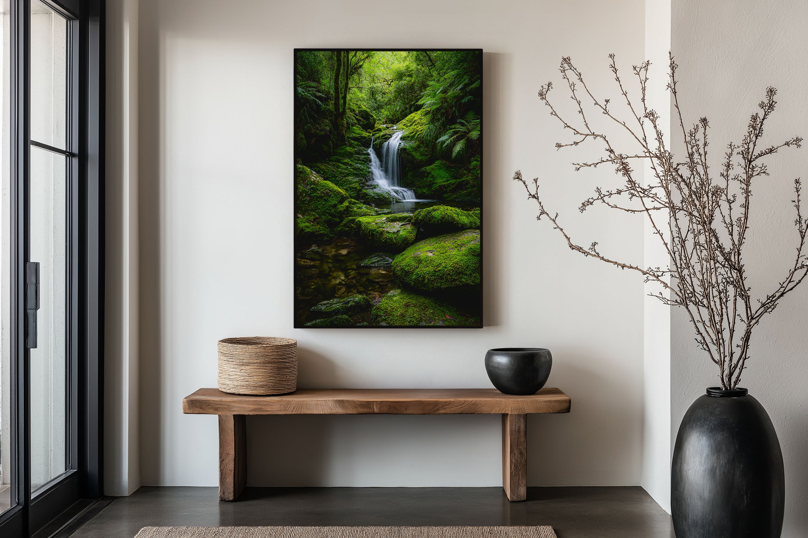 Rainforest Waterfall Moss Wall Art Print | New Zealand Tasmania Wilderness Photography | Lush Green Fern Cascade Poster