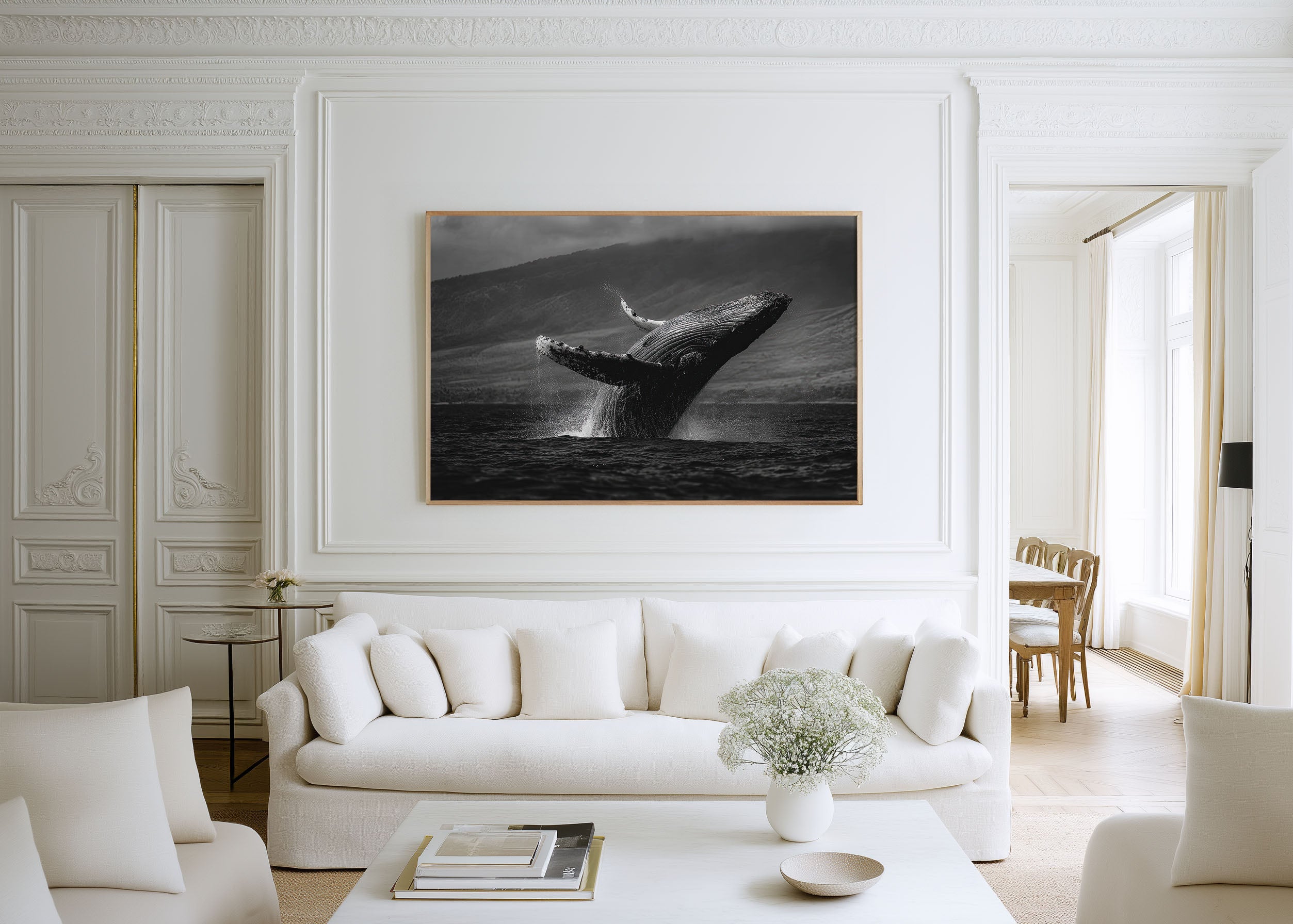 Whale Breach Black and White Wall Art Print – Dramatic Ocean Canvas
