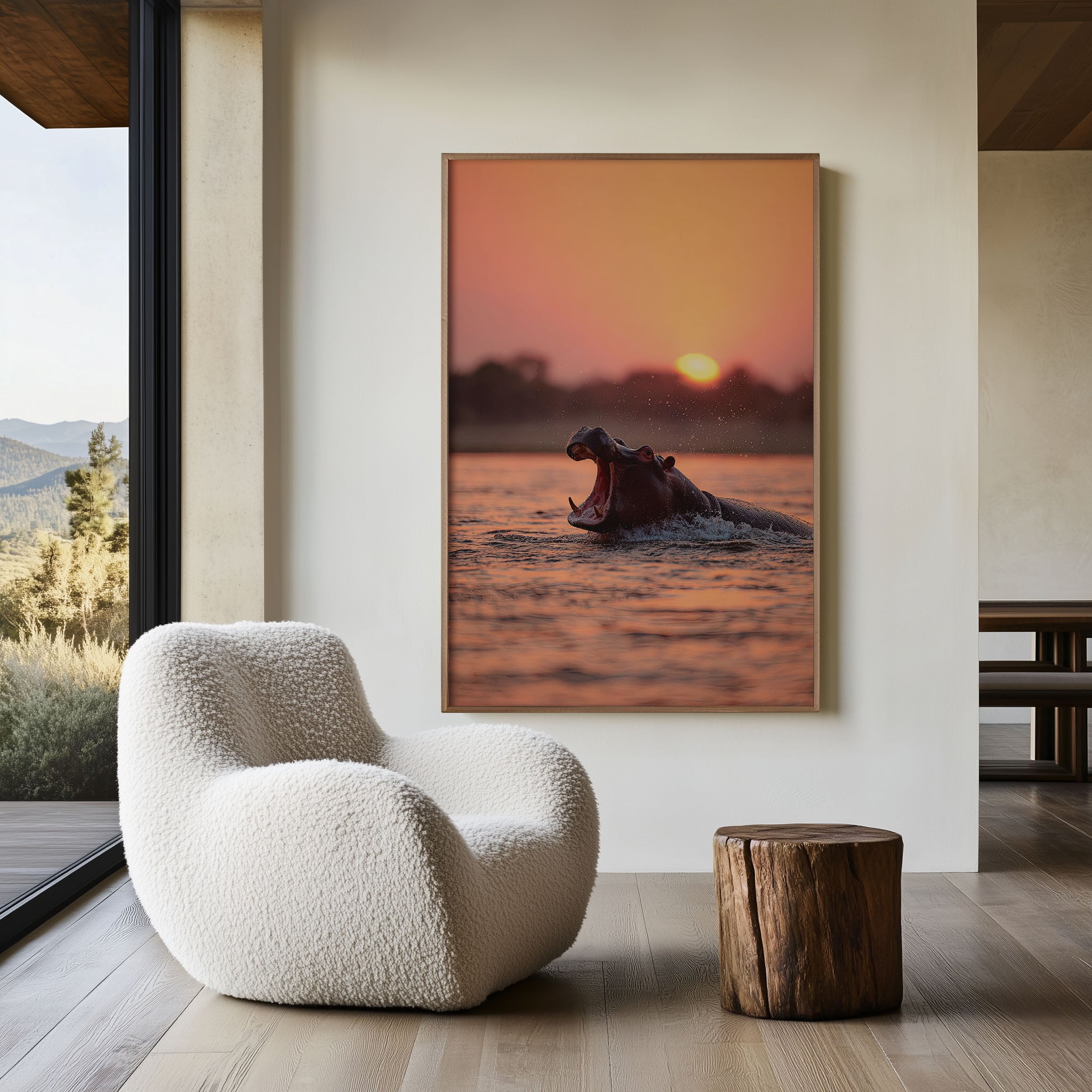 Hippo Sunset Wall Art Print – African Wildlife Canvas, Dramatic River Safari Decor