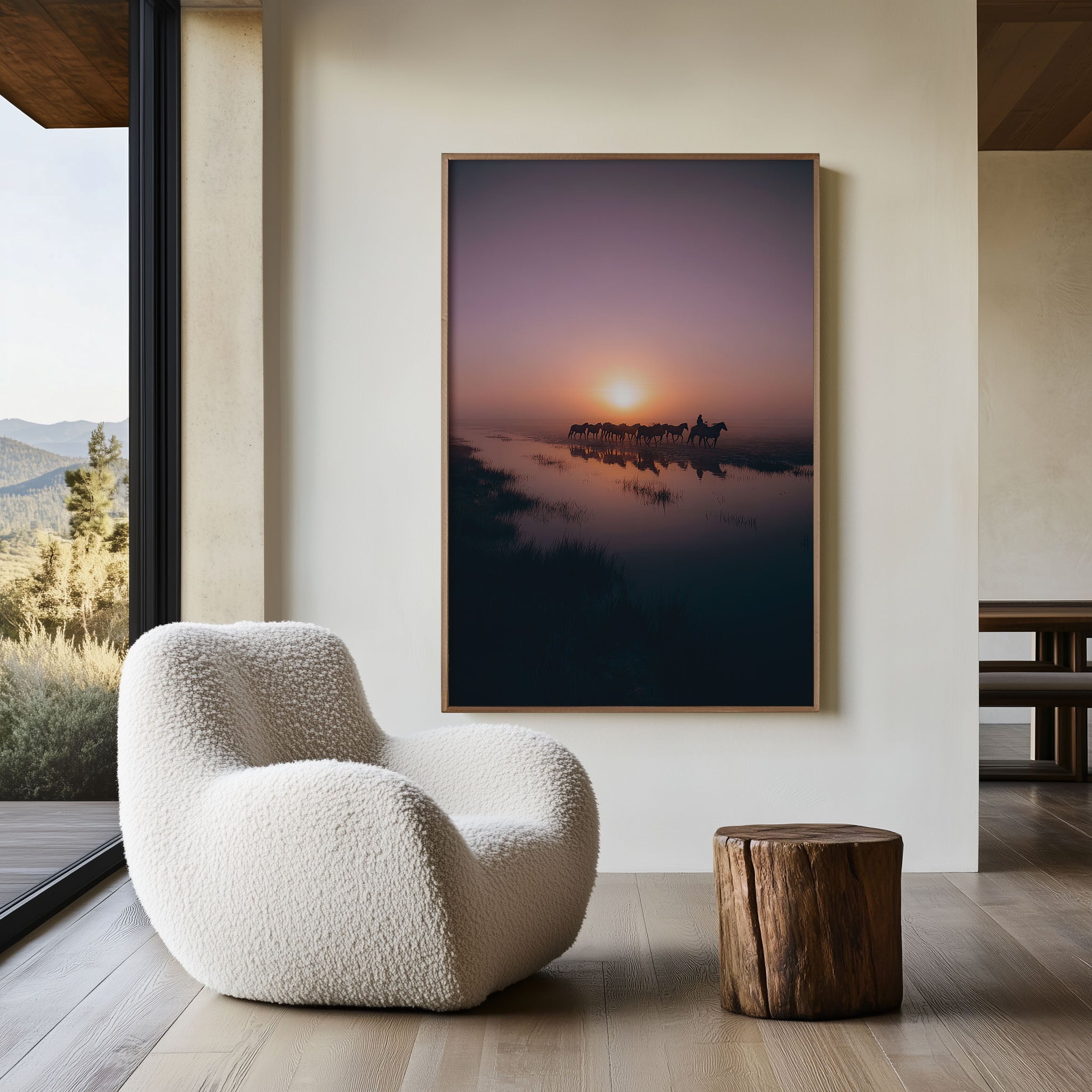 Wild Horses Sunset Wall Art Print – Minimalist Landscape Canvas & Framed Nature Silhouette Decor