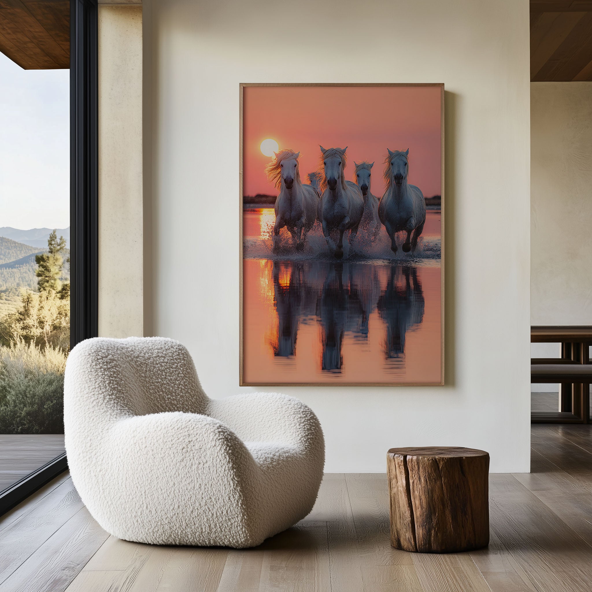 White Horses Sunset Wall Art Print – Running Horses Canvas & Framed Dramatic Nature Decor