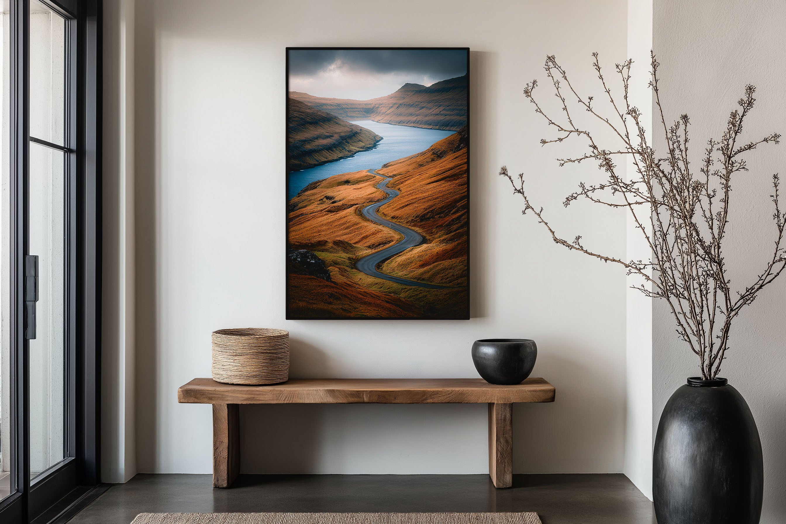 Faroe Islands Winding Road Fjord Wall Art Print | Nordic Landscape Photography | Dramatic Hillside Coastal Drive Poster