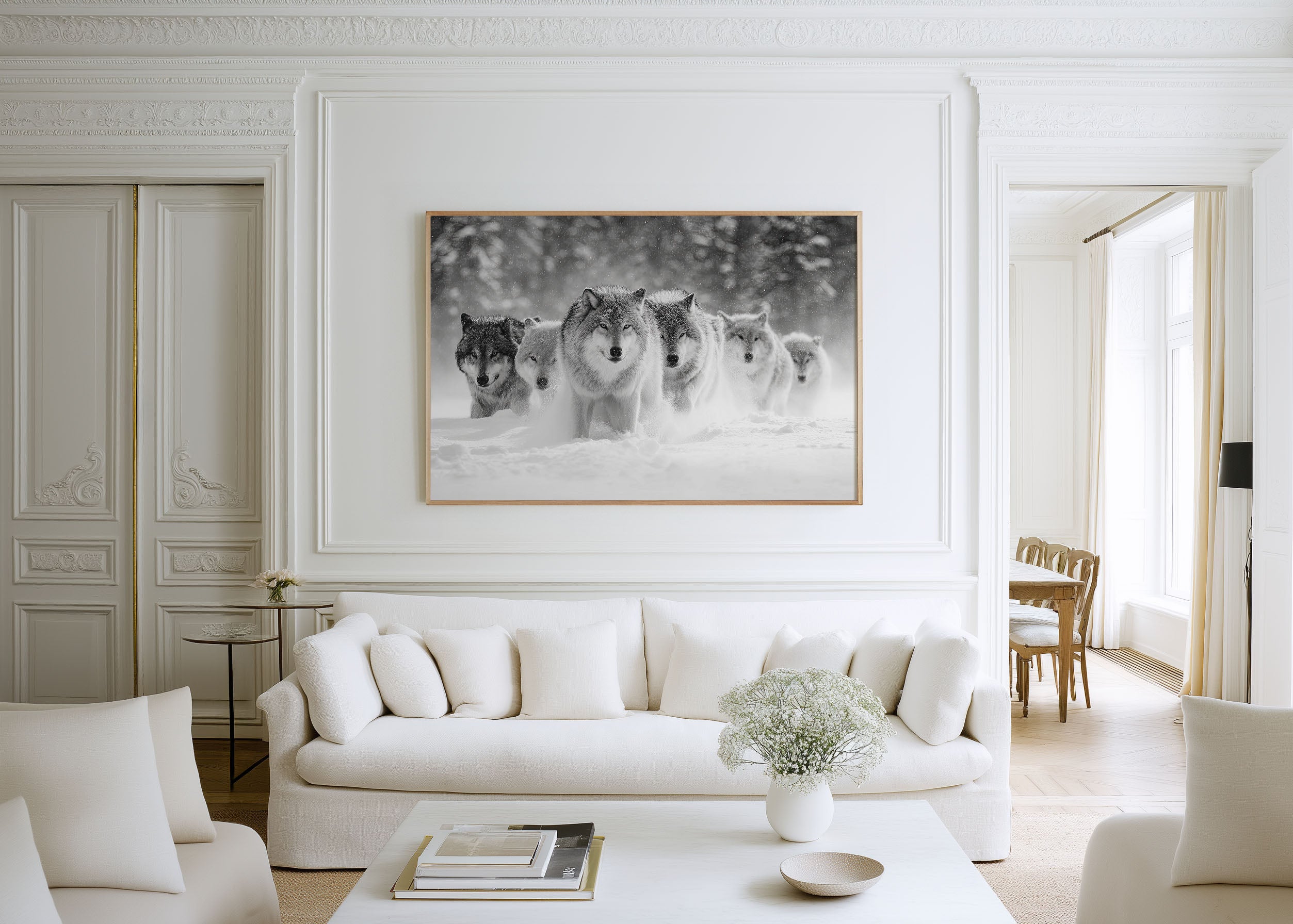 Wolf Pack Black and White Wall Art Print – Snow Wildlife Canvas