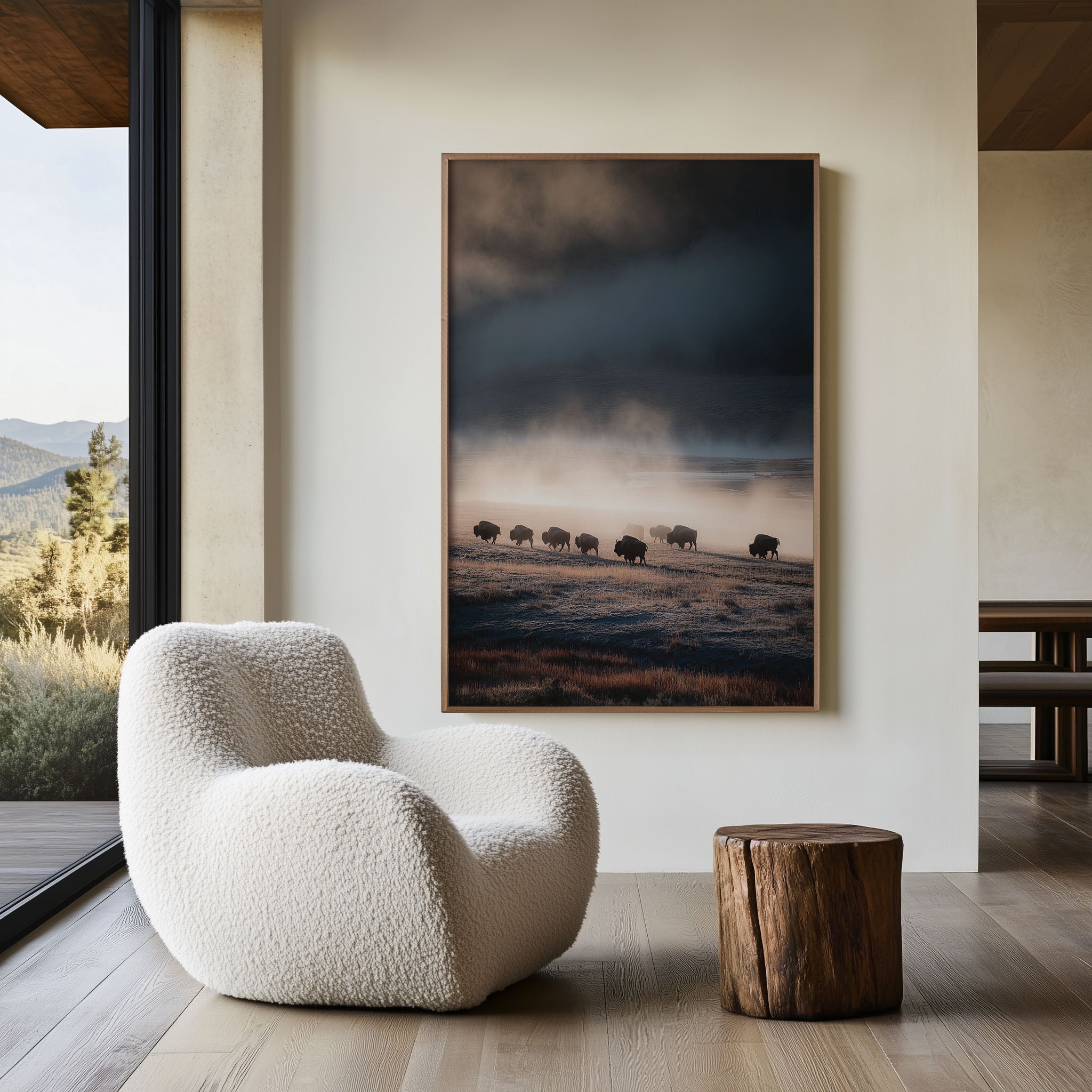 Yellowstone Bison Herd Mist Wall Art Print | Wyoming Wildlife Photography | Moody Landscape Poster | American West Nature Print | Dark Dramatic Home Decor