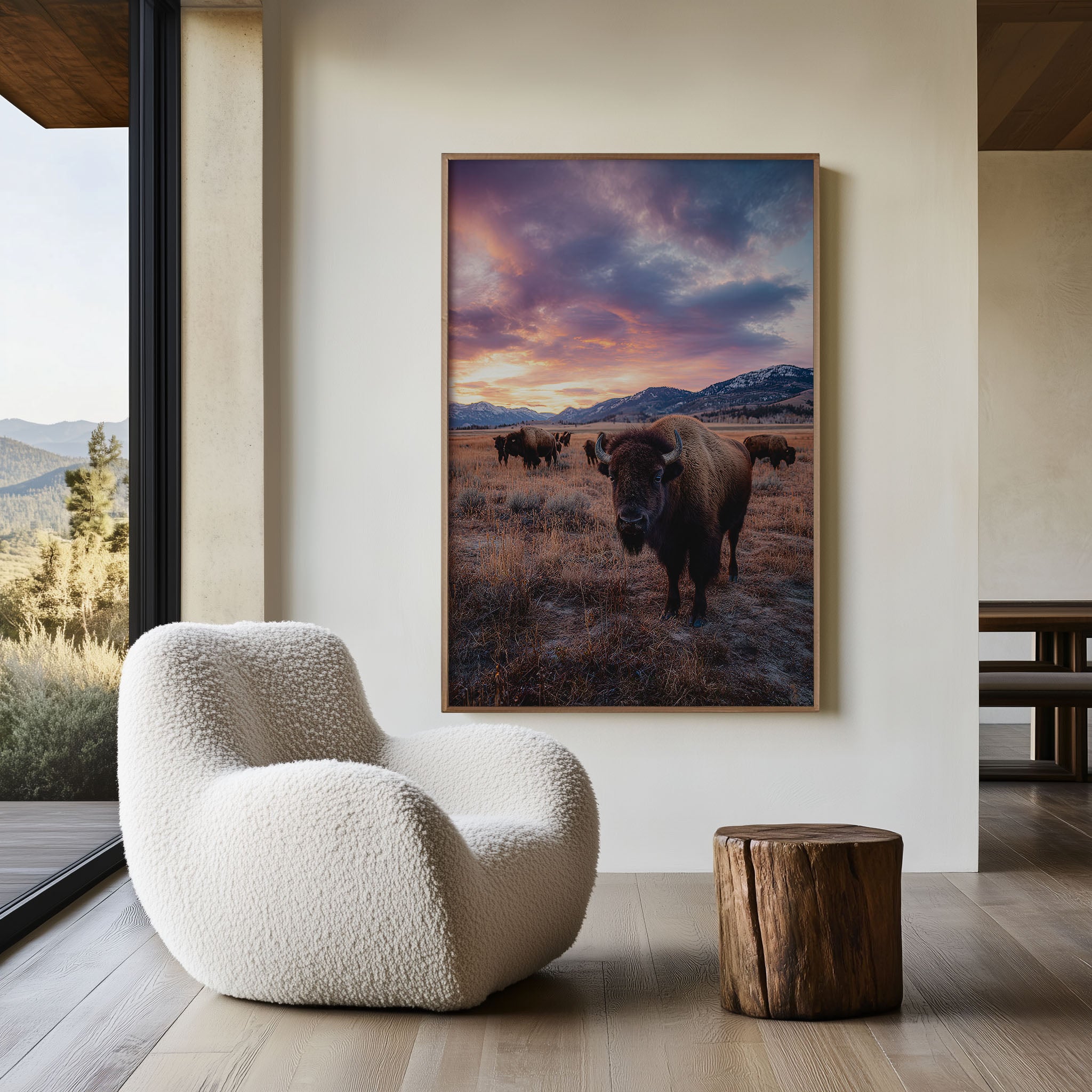 Yellowstone Bison Sunset Wall Art Print – American Wildlife Canvas & Framed Mountain Landscape Decor