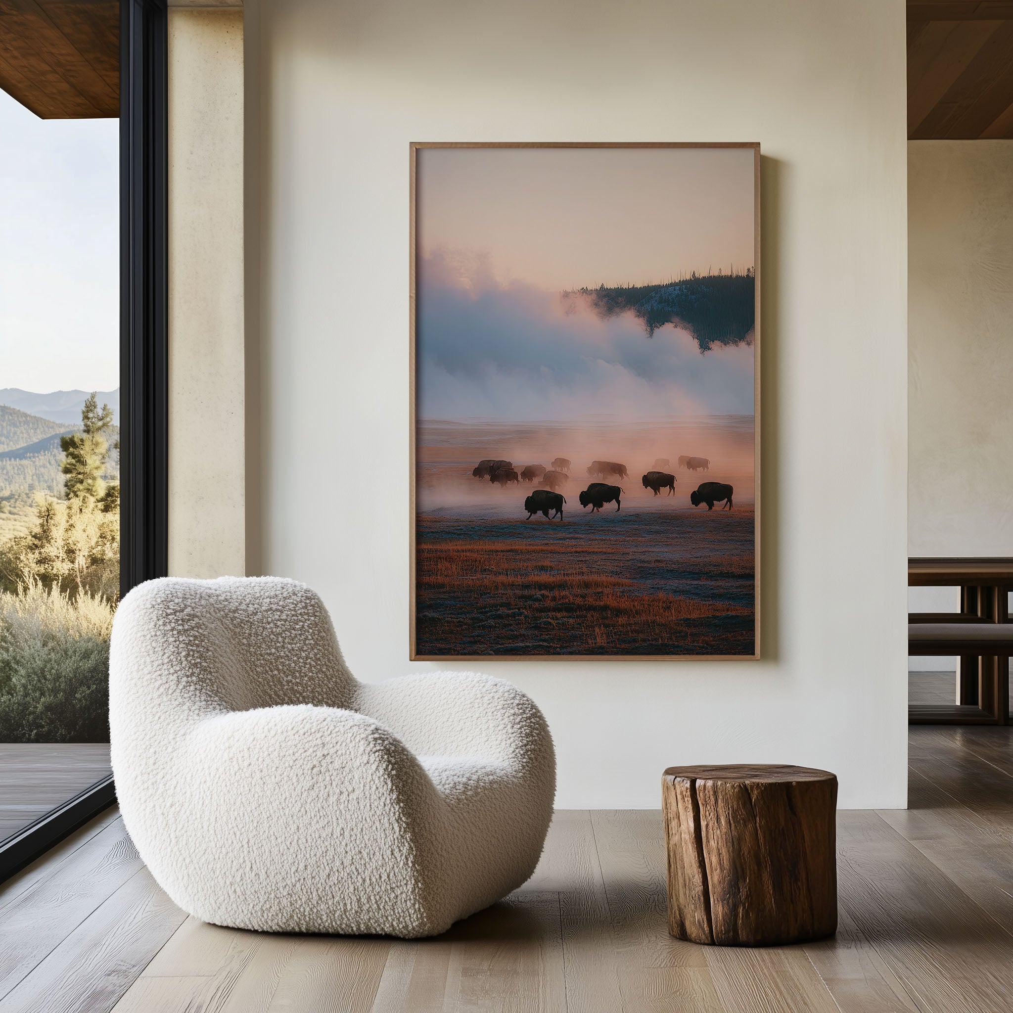 Yellowstone Bison Herd Wall Art Print | Wyoming Wildlife Photography | Geothermal Mist Landscape Poster | National Park Nature Print | American West Decor