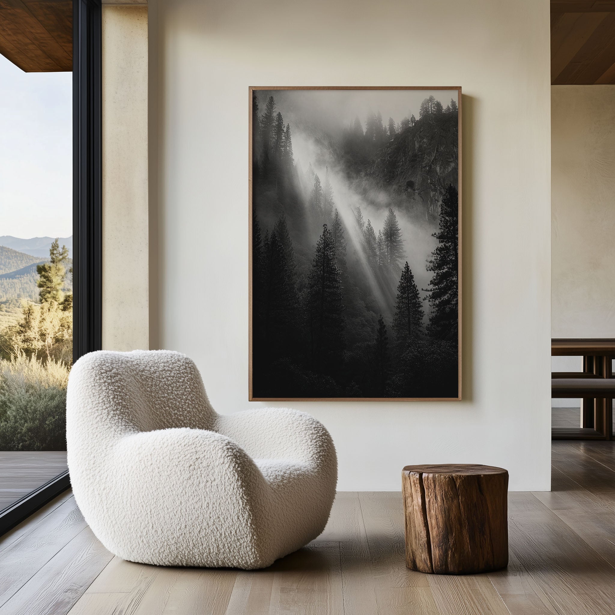 Yosemite Forest Light Rays Wall Art Print | Black & White Fog & Mist Photography | Valley Light Beams Poster | California Nature Print | Moody Forest Home Decor