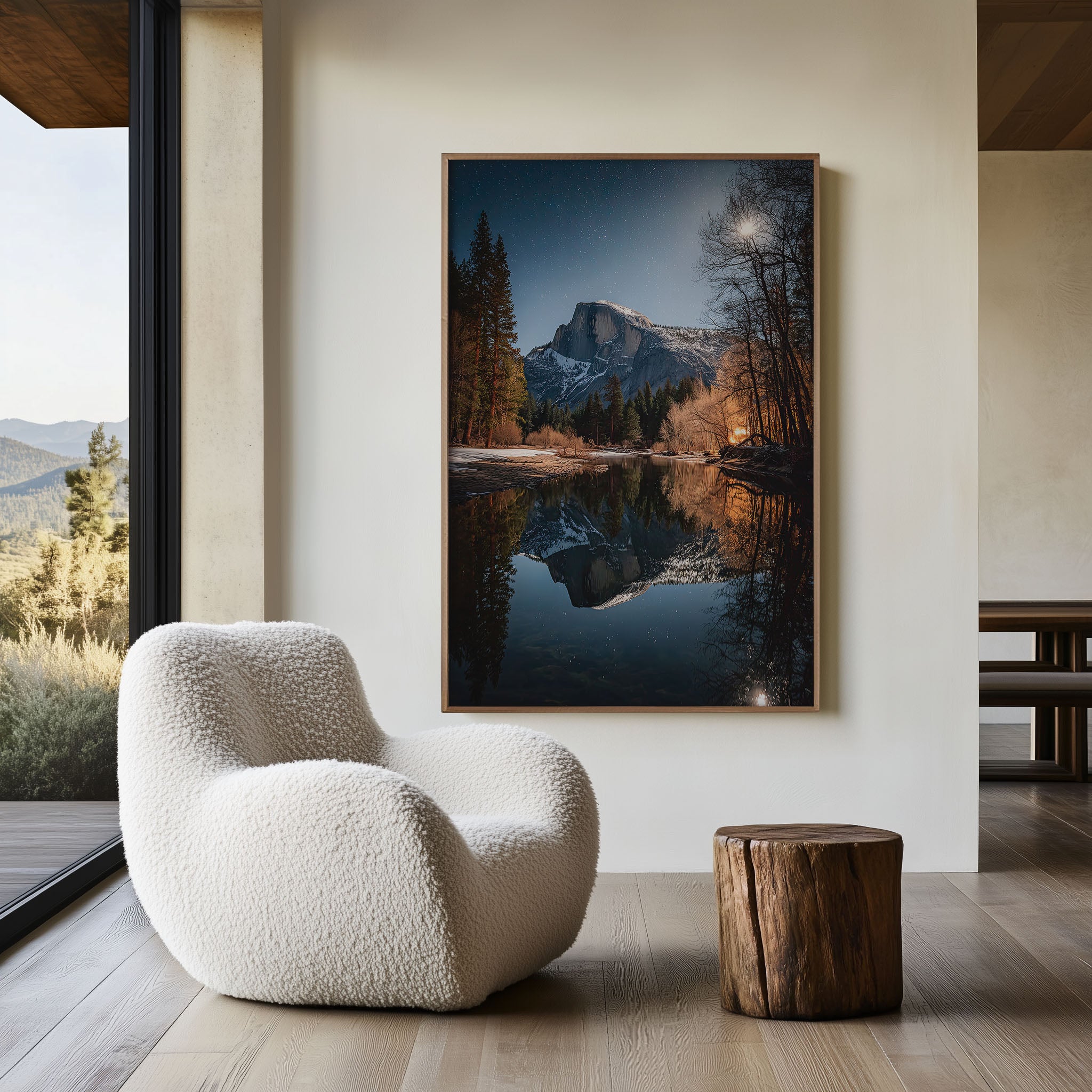 Yosemite Half Dome Moonrise Wall Art Print | Winter Night Merced River Reflection Photography | California National Park Poster | Starry Sky Nature Print | Magical Home Decor