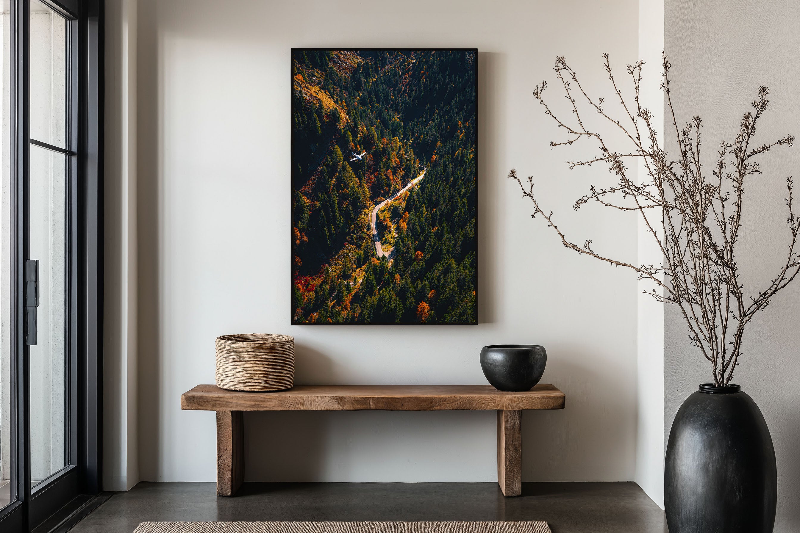 Aerial Autumn Alpine Road Small Plane Wall Art Print | European Mountain Forest Photography | Overhead Winding Road Poster