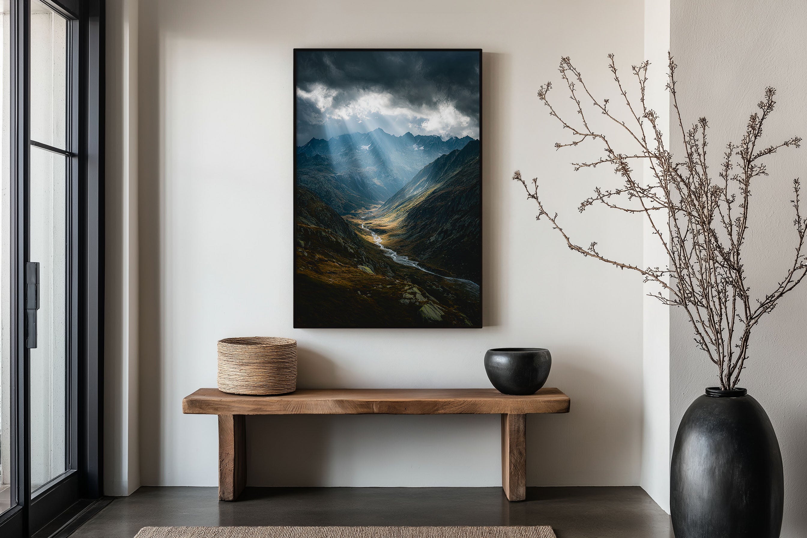 Austrian Alps Mountain Valley Storm Light Print | Alpine Valley River Wall Art | Dramatic Alps God Rays Landscape Photography Poster