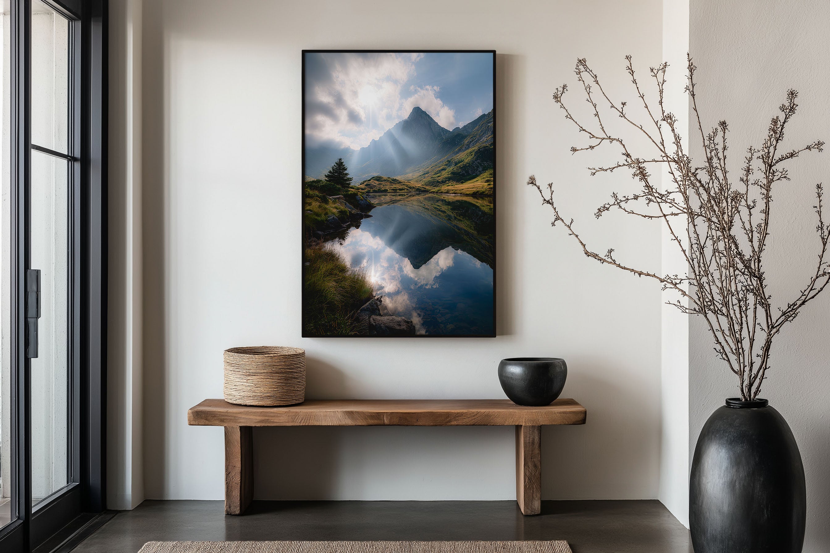 Austrian Alps Alpine Lake Reflection Print | Mountain Lake Wall Art | Alps Sun Ray Cloud Reflection Landscape Photography Poster