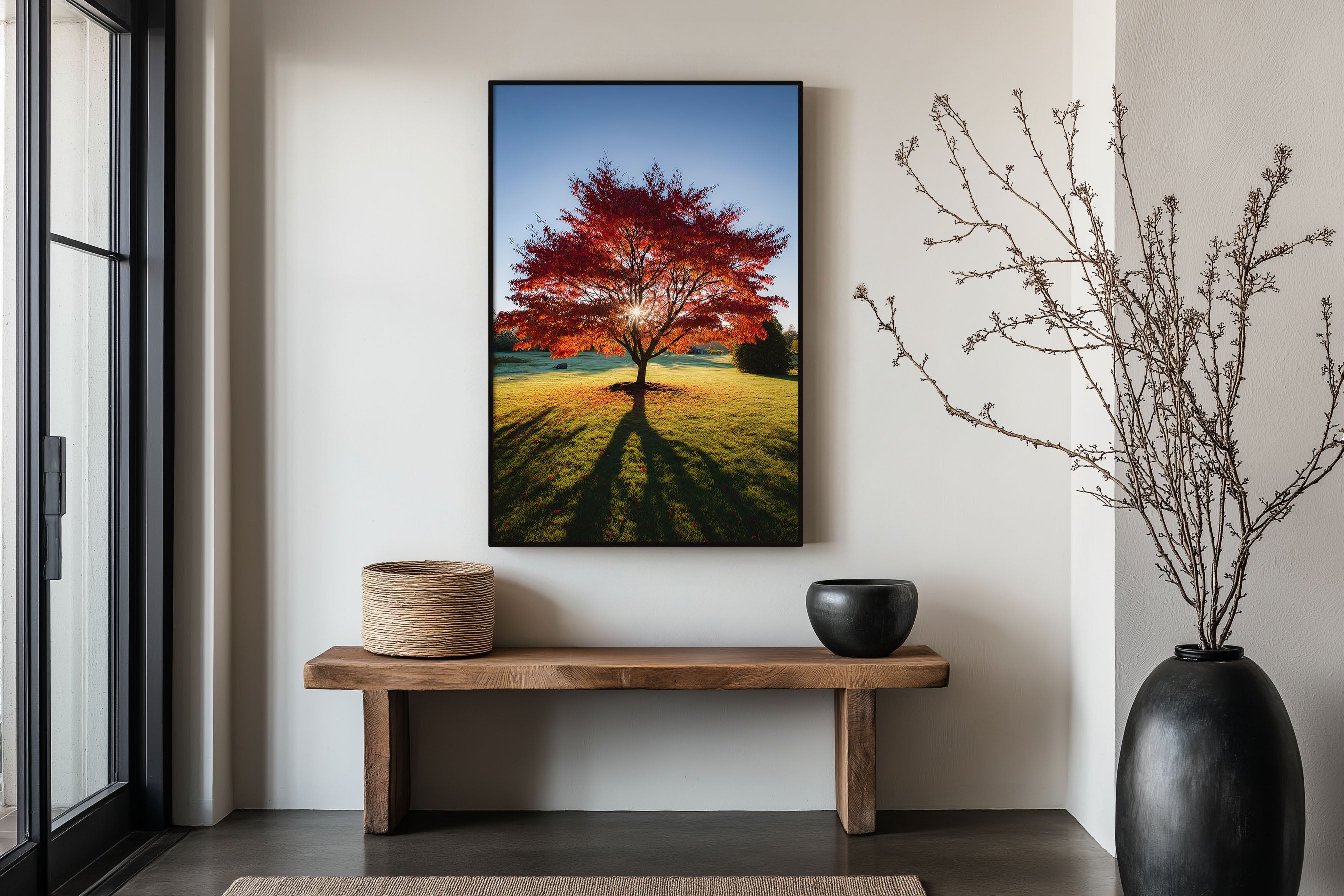 Red Autumn Tree Sunburst Wall Art Print | English Countryside Fall Foliage Photography | Lone Tree Morning Light Poster