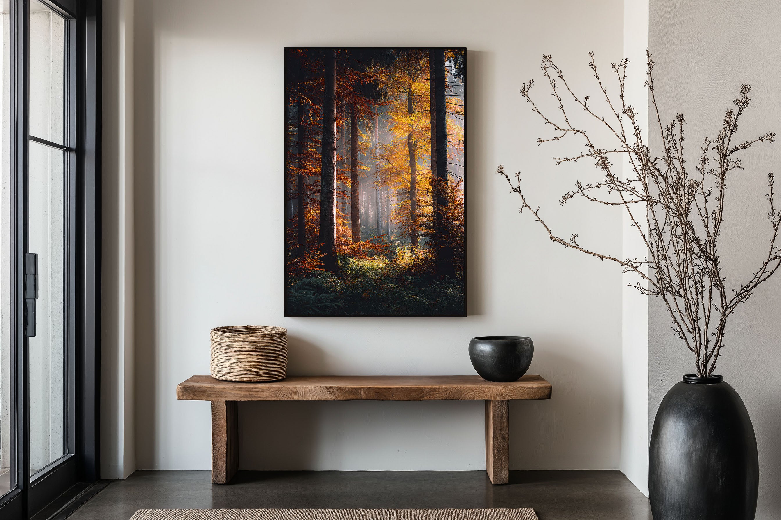 Autumn Forest Sunbeam Print | Golden Fall Woodland Wall Art | Misty Forest Light Photography