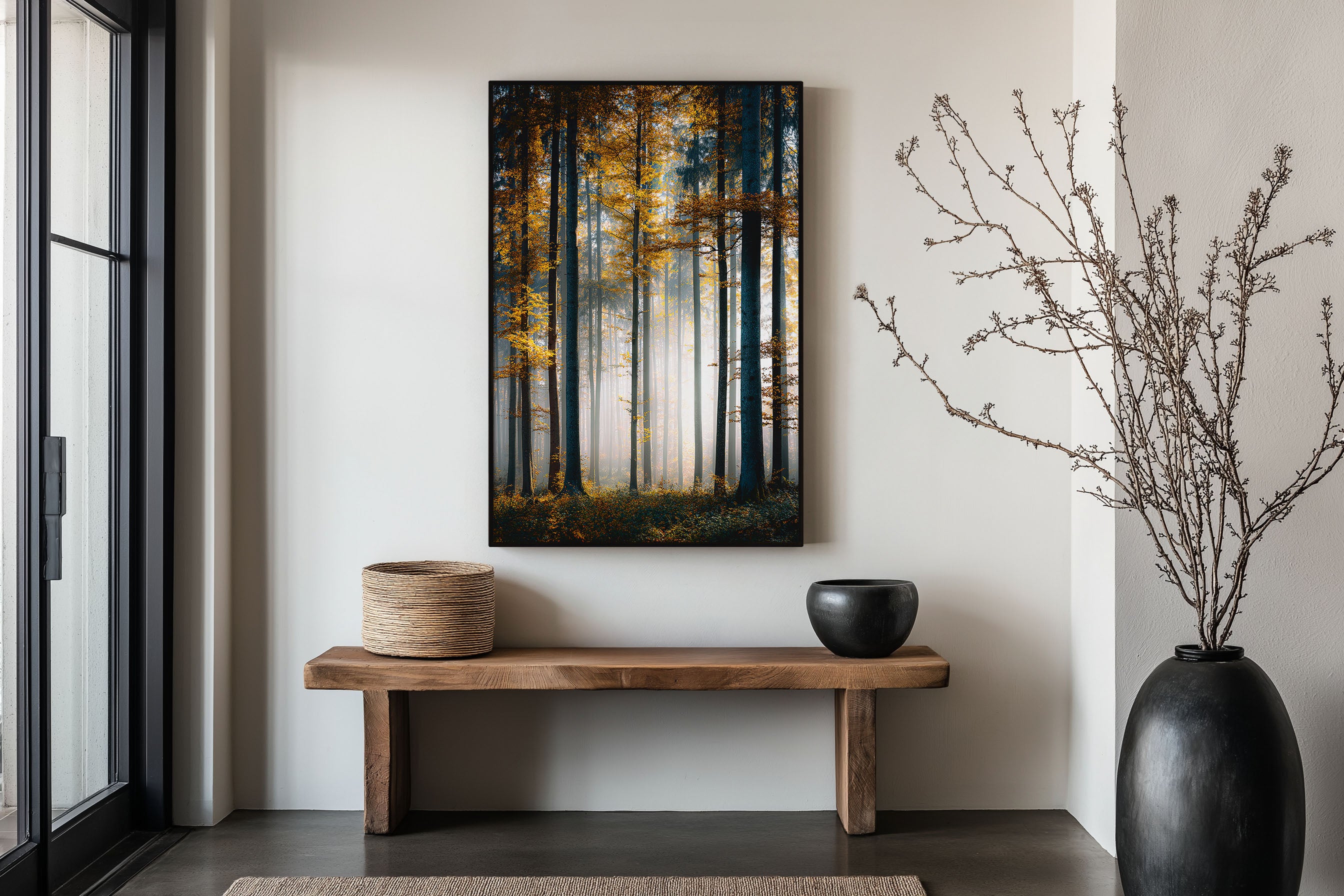 Autumn Beech Forest Mist Print | Tall Trees Golden Fog Wall Art | Fall Woodland Photography