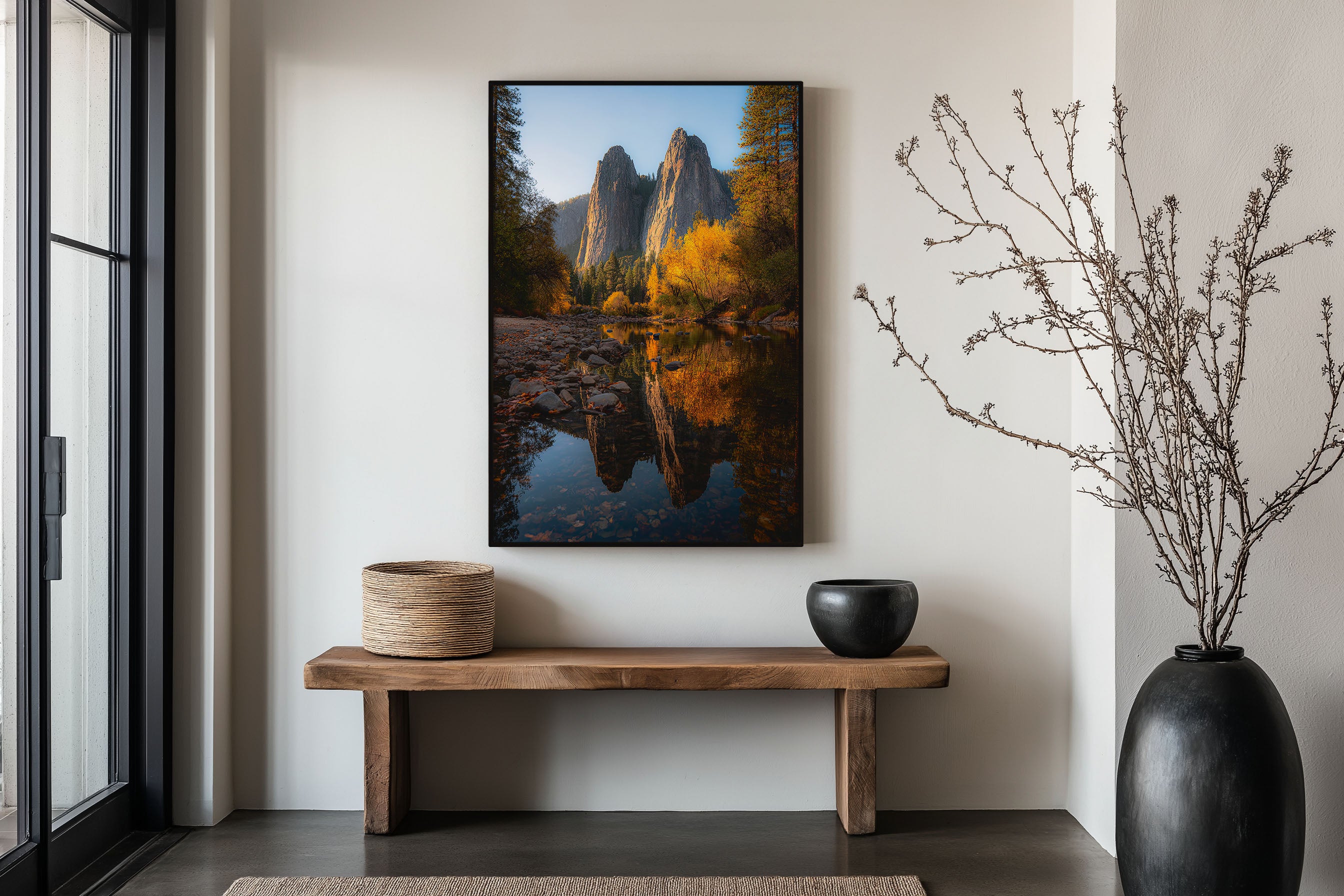 Cathedral Rocks Yosemite Autumn Reflection Print | Yosemite Valley Fall Wall Art | Cathedral Spires Merced River Autumn Landscape Photography Poster