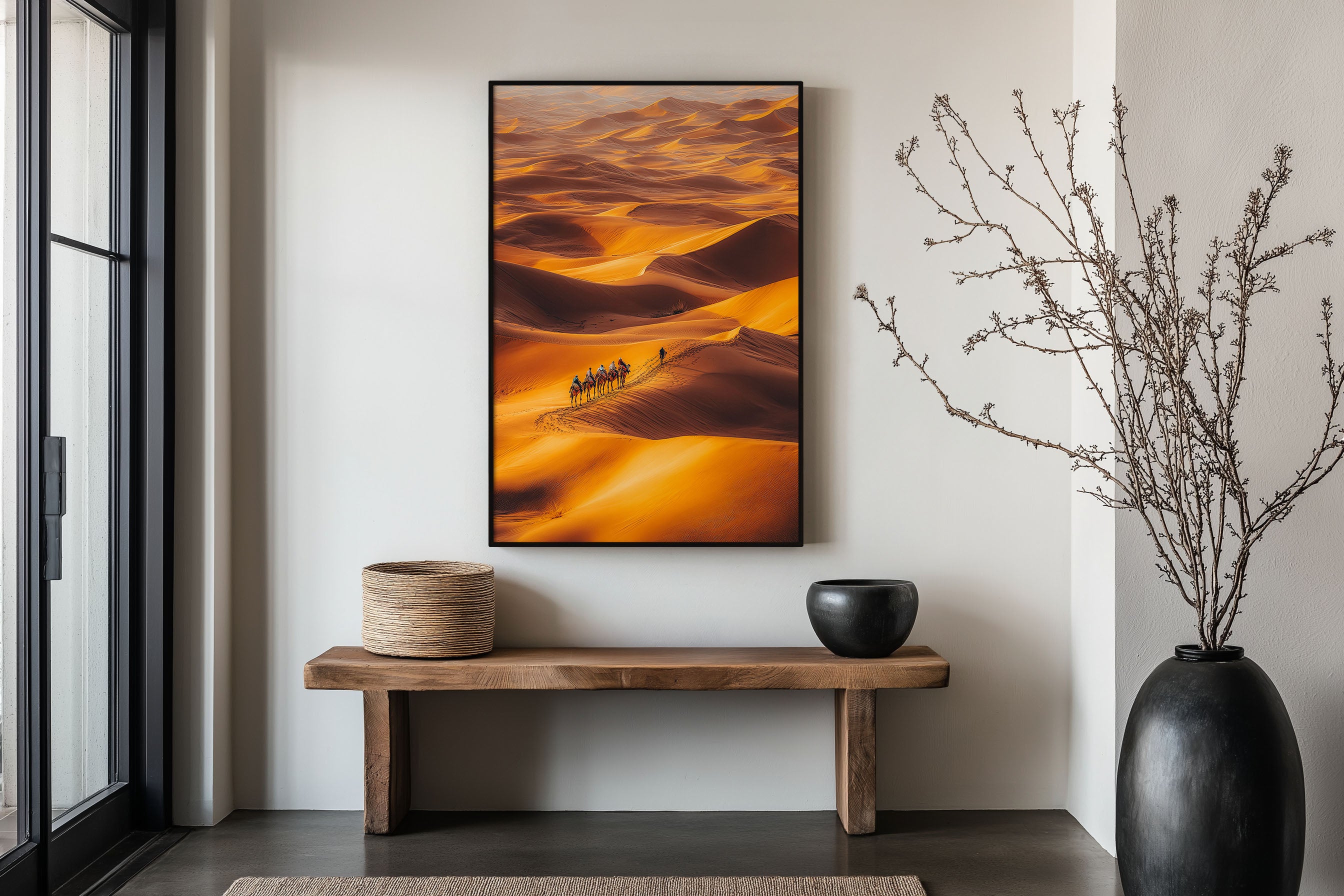 Sahara Desert Print | Camel Caravan Crossing Golden Dunes | Morocco Travel Wall Art | Desert Landscape Photography Poster