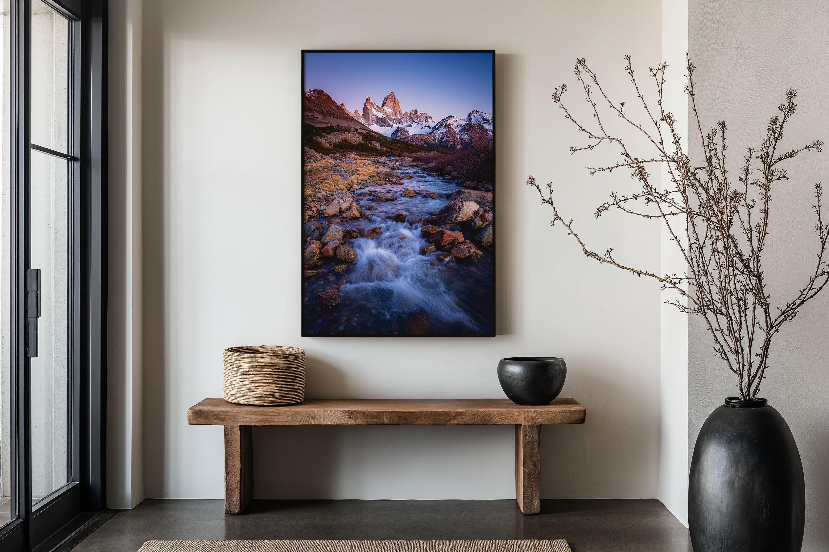 Mount Fitz Roy Glacial River Twilight Print | Patagonia Blue Hour Wall Art | El Chaltén Rocky Stream Landscape Photography Poster