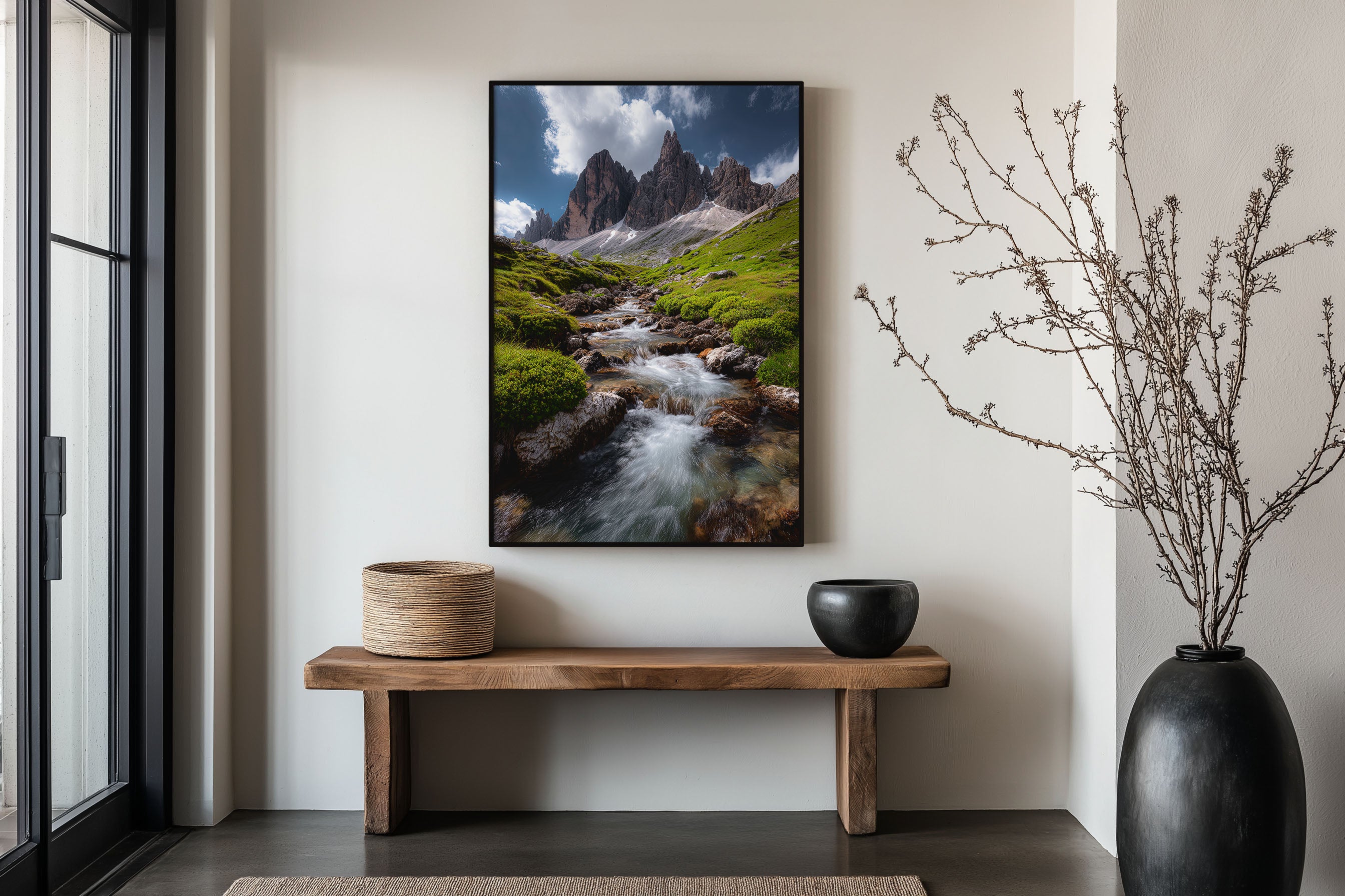 Dolomites Alpine Stream Summer Wall Art Print | Cadini di Misurina Italy Photography | Flowing Mountain Creek Green Meadow Poster
