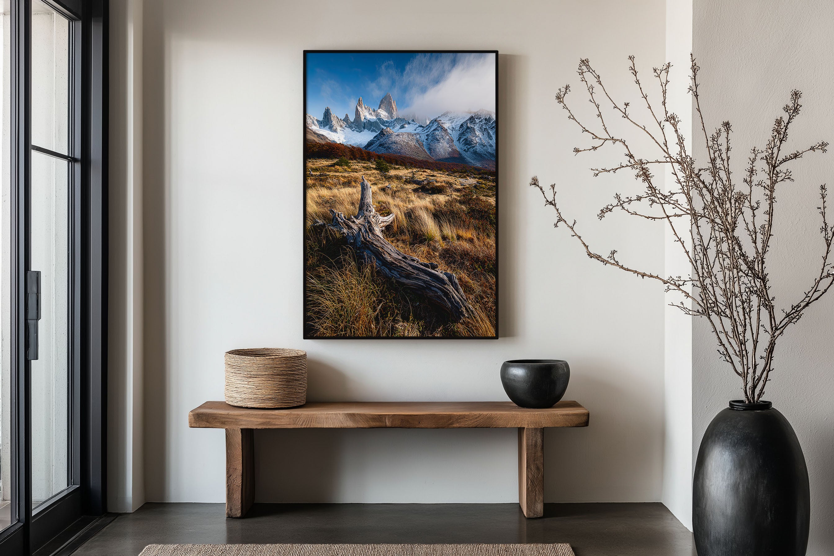 Mount Fitz Roy Autumn Driftwood Print | Patagonia Fall Landscape Wall Art | El Chaltén Golden Grasslands Photography Poster
