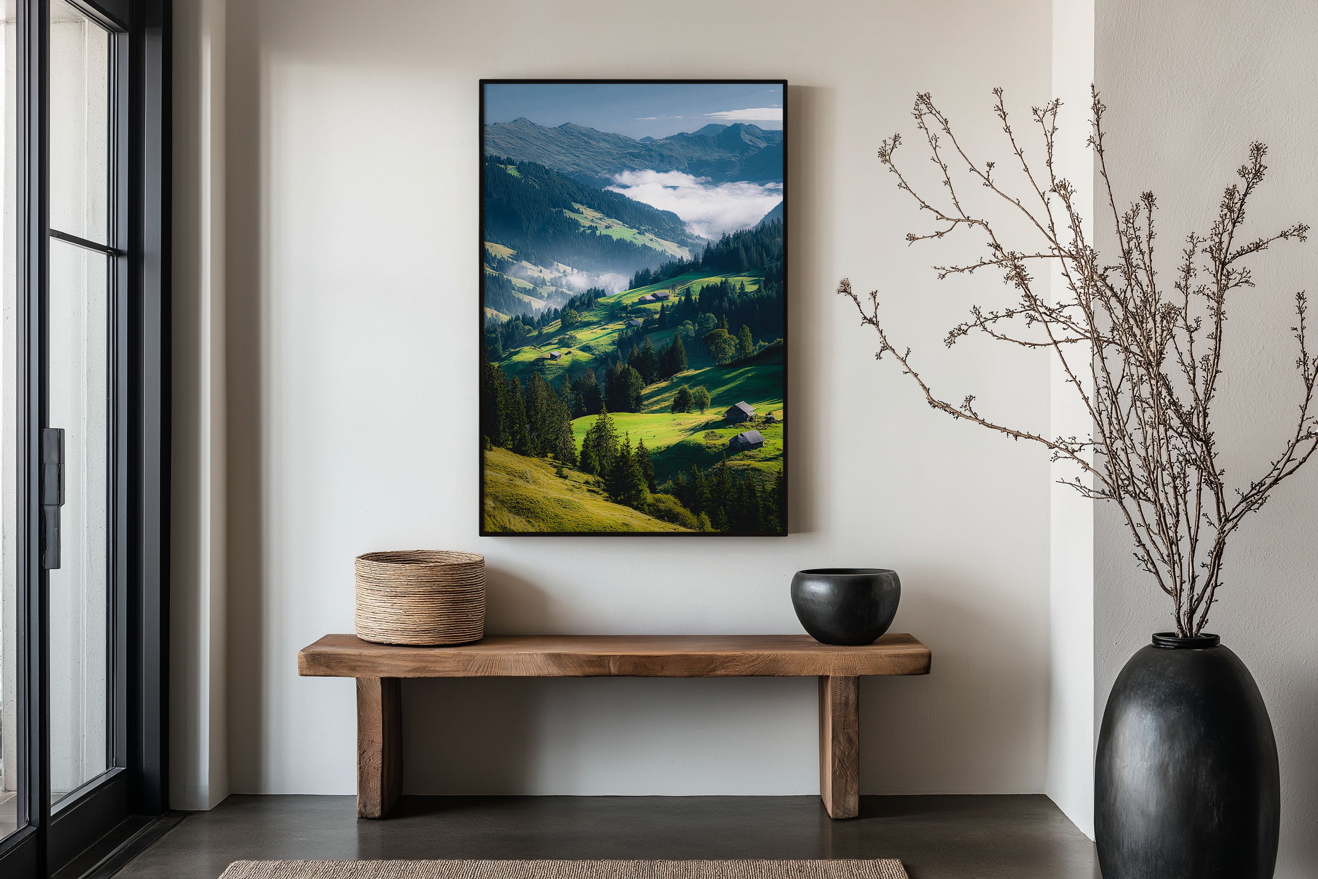 Swiss Alpine Valley Morning Wall Art Print | Austria Switzerland Green Meadow Photography | Alpine Chalet Mist Mountain Poster