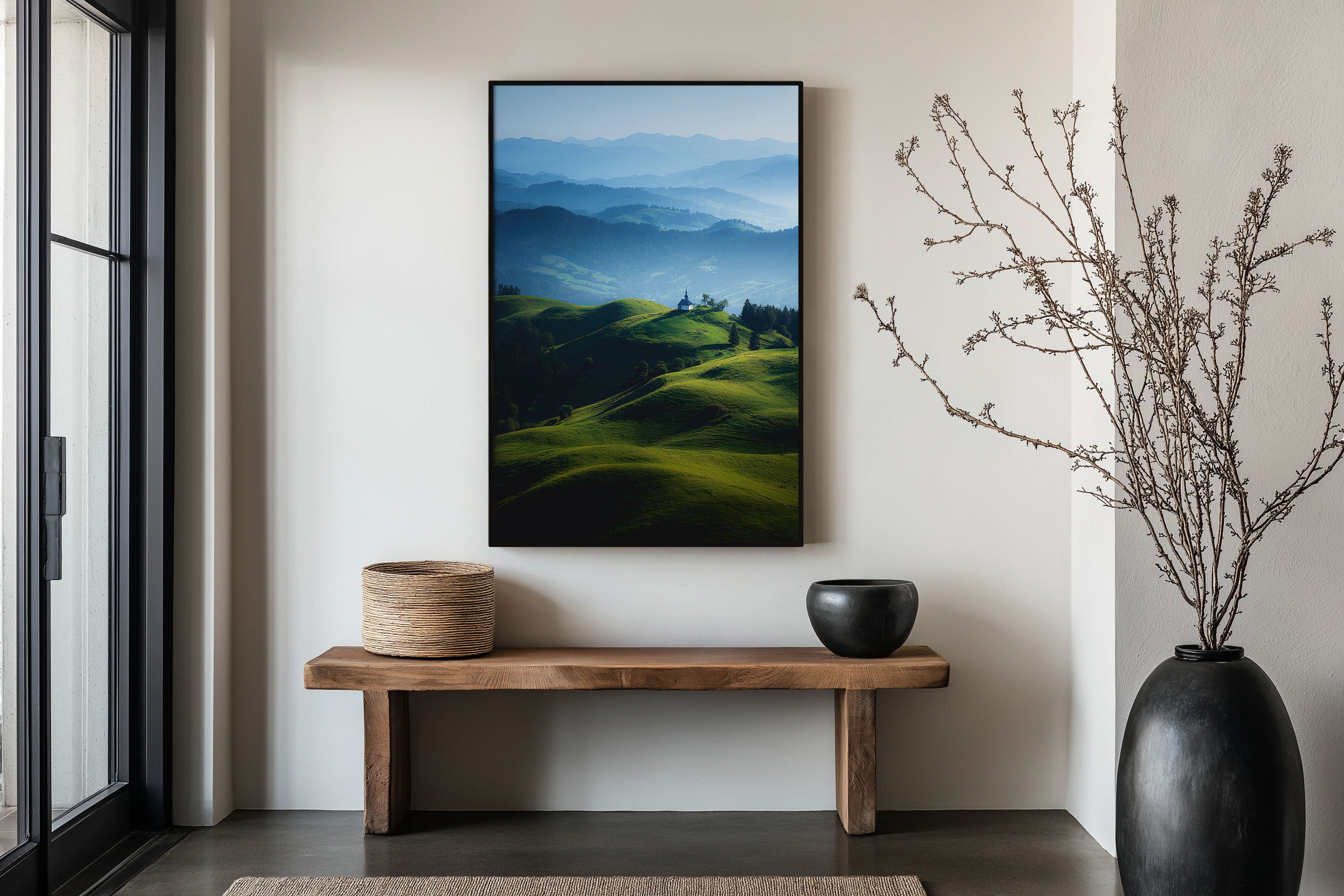 Slovenia Green Hills Chapel Print | Jamnik Church Rolling Hills Wall Art | Slovenian Alps Blue Haze Landscape Photography Poster