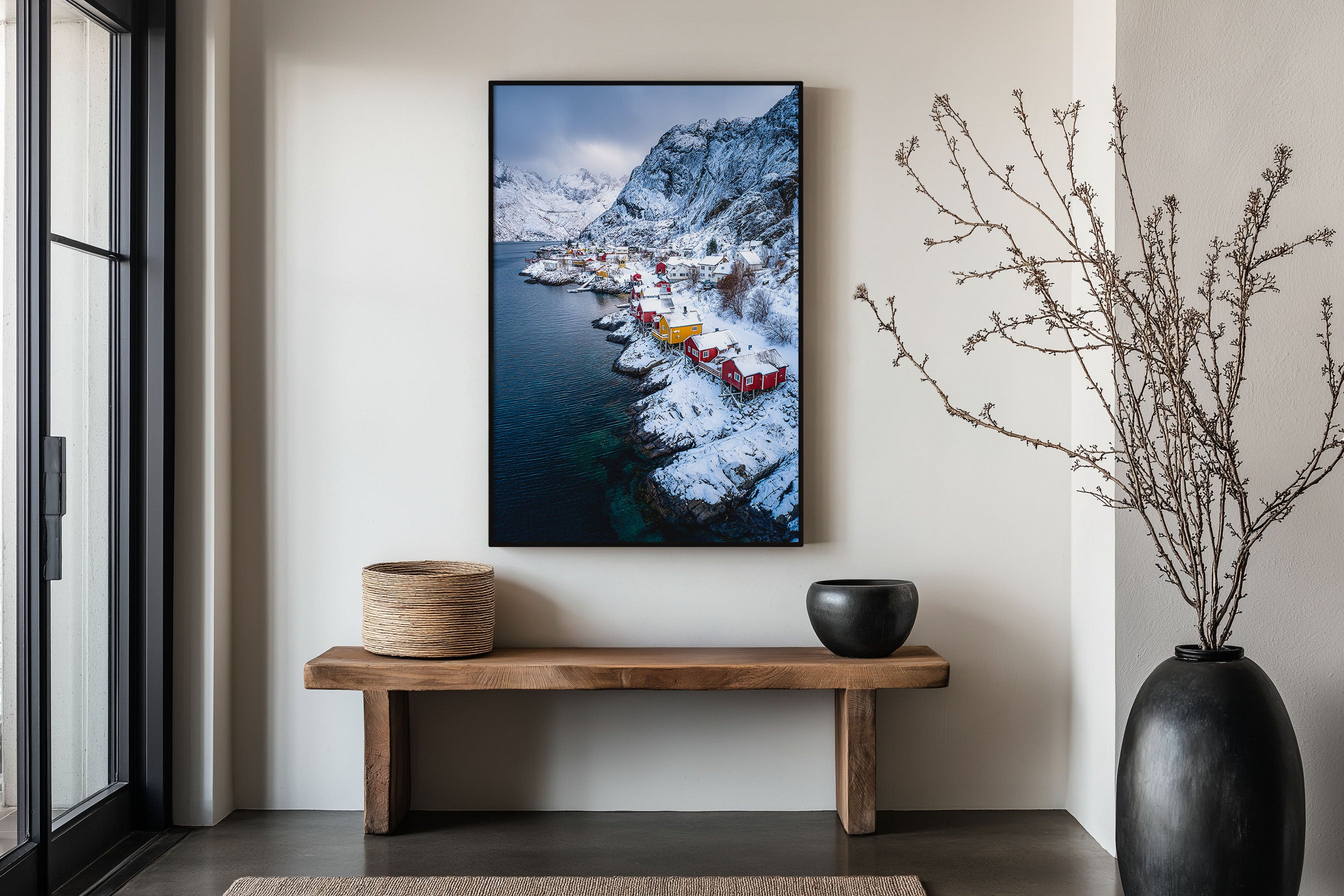 Nusfjord Lofoten Winter Aerial Wall Art Print | Norway Colourful Fishing Village Photography | Red Yellow Rorbuer Arctic Poster