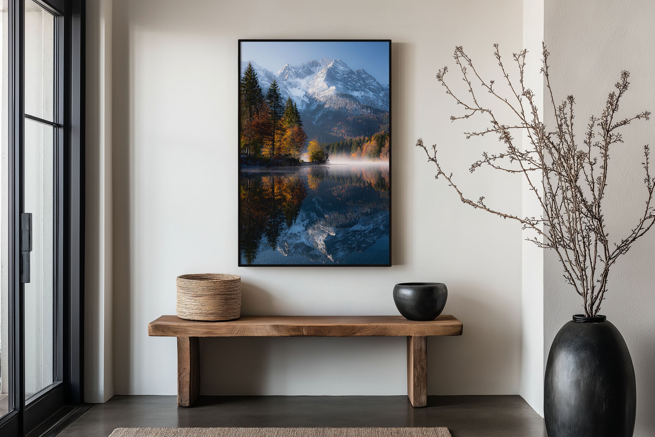 Bavarian Alps Autumn Lake Reflection Print | Lake Ferchensee Germany Wall Art | German Alps First Snow Autumn Mist Lake Landscape Photography Poster