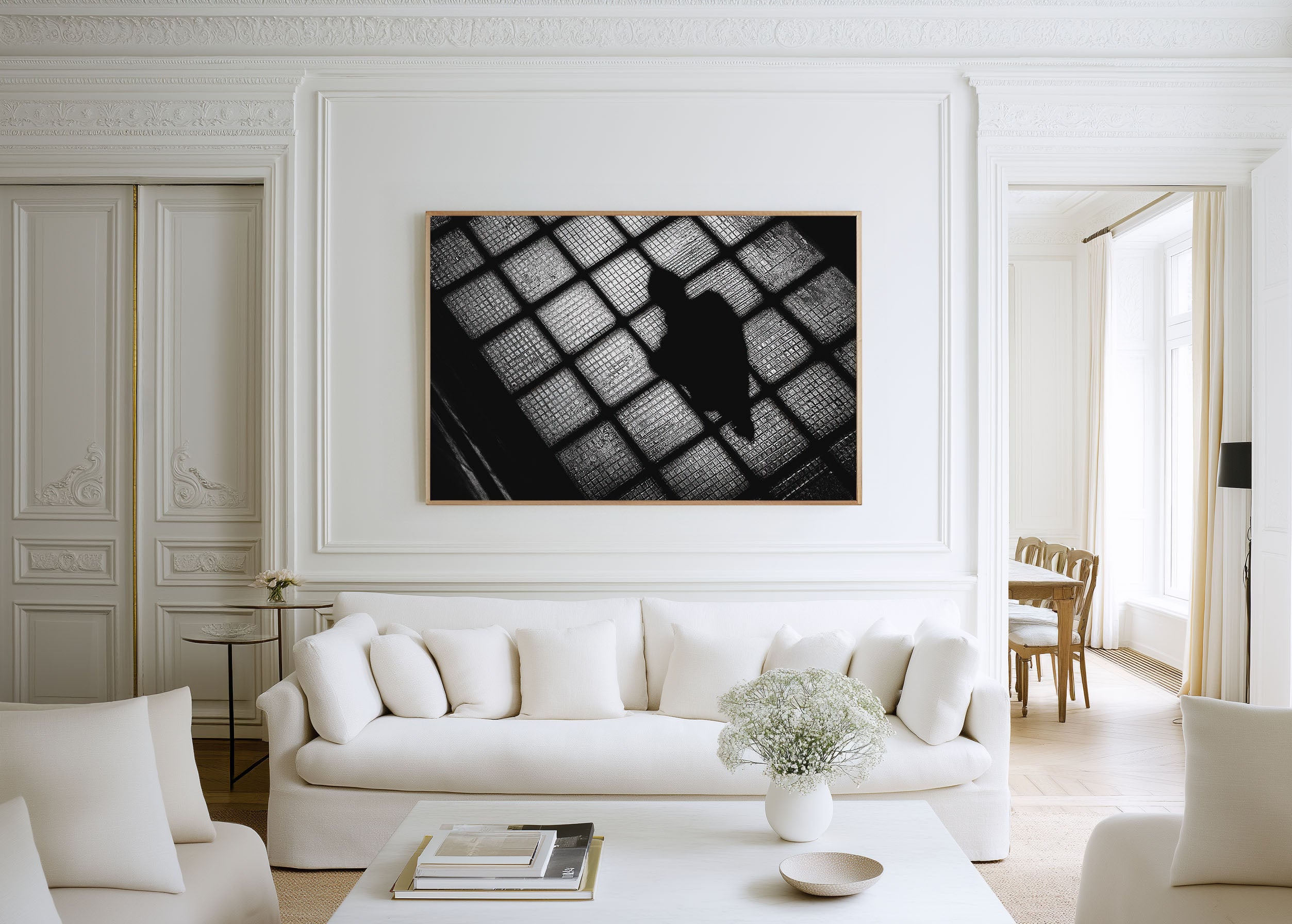Overhead Figure Glass Pavement Print | Black and White Urban Street Wall Art | City Shadow Photography