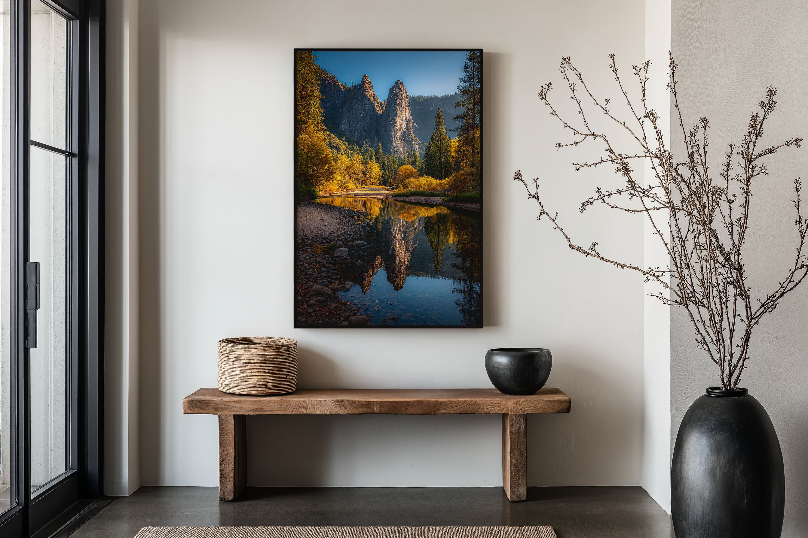 Sentinel Rock Yosemite Autumn Reflection Print | Yosemite Valley Fall River Wall Art | Merced River Golden Autumn Spires Landscape Photography Poster