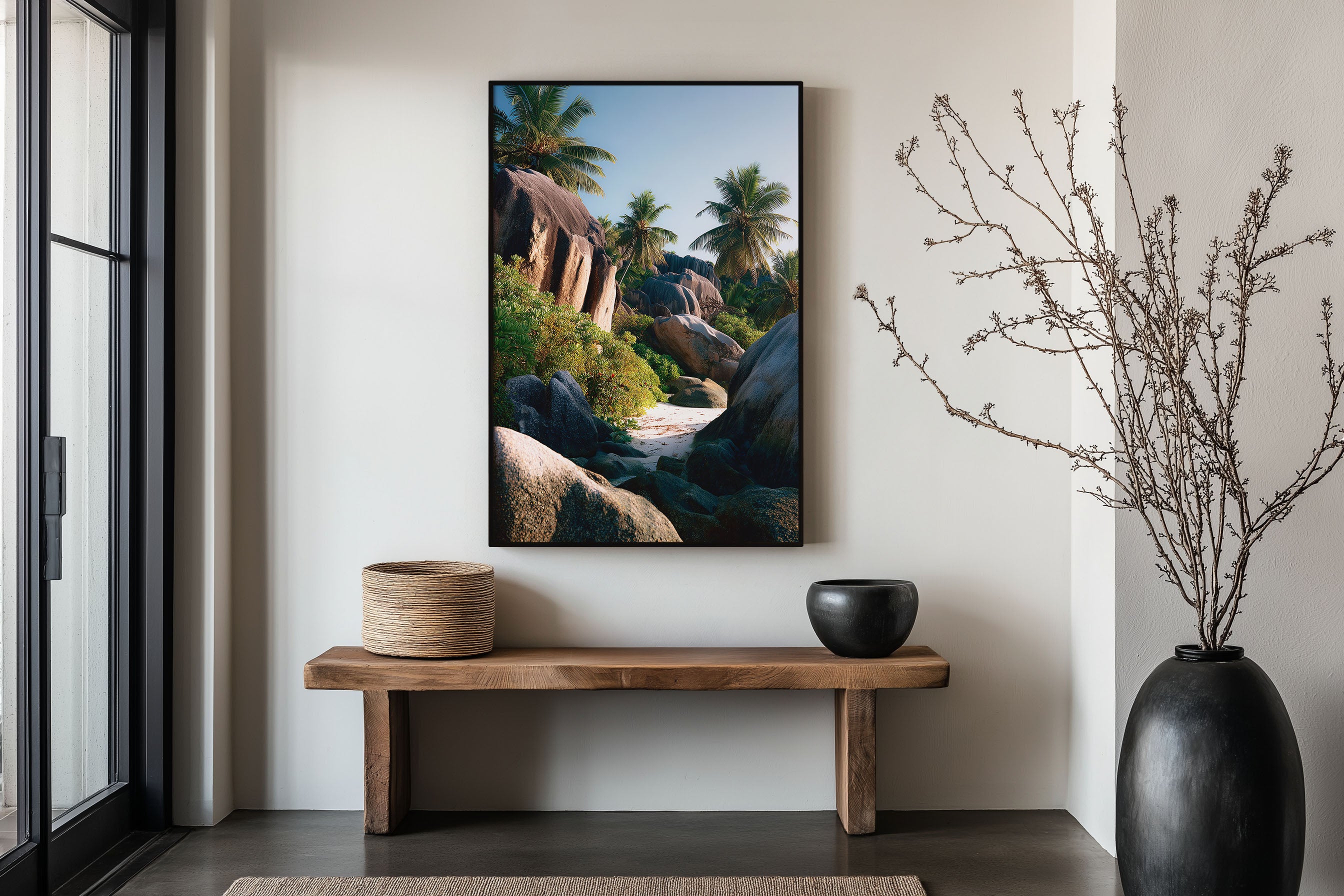 Seychelles Granite Boulders Wall Art Print | La Digue Anse Source d'Argent Beach Palm Tree Photography | Indian Ocean Travel Poster | Tropical Coastal Home Decor
