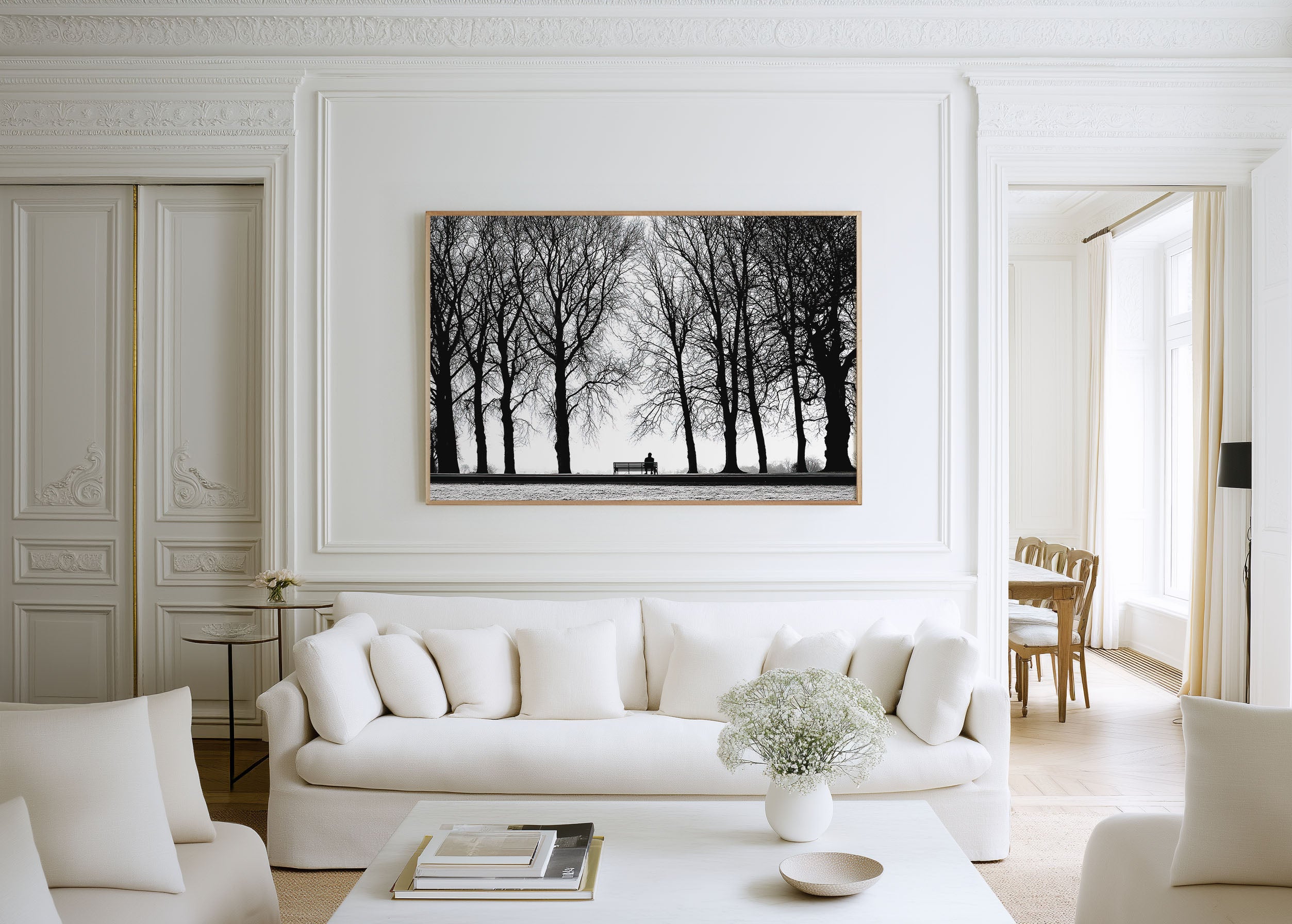 Solitary Figure on Park Bench Among Bare Winter Trees | Black & White Fine Art Print