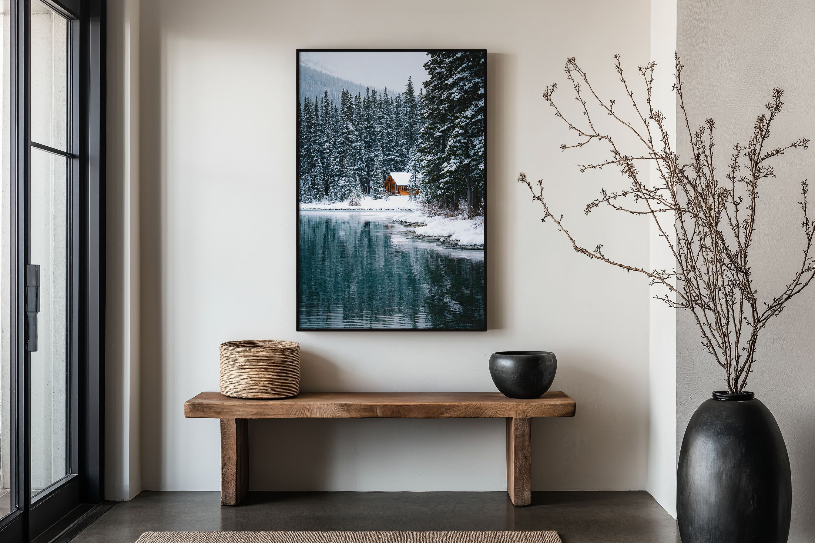Winter Cabin Lakeside Print | Snow Forest Log Cabin Wall Art | Canadian Rockies Lake Photography