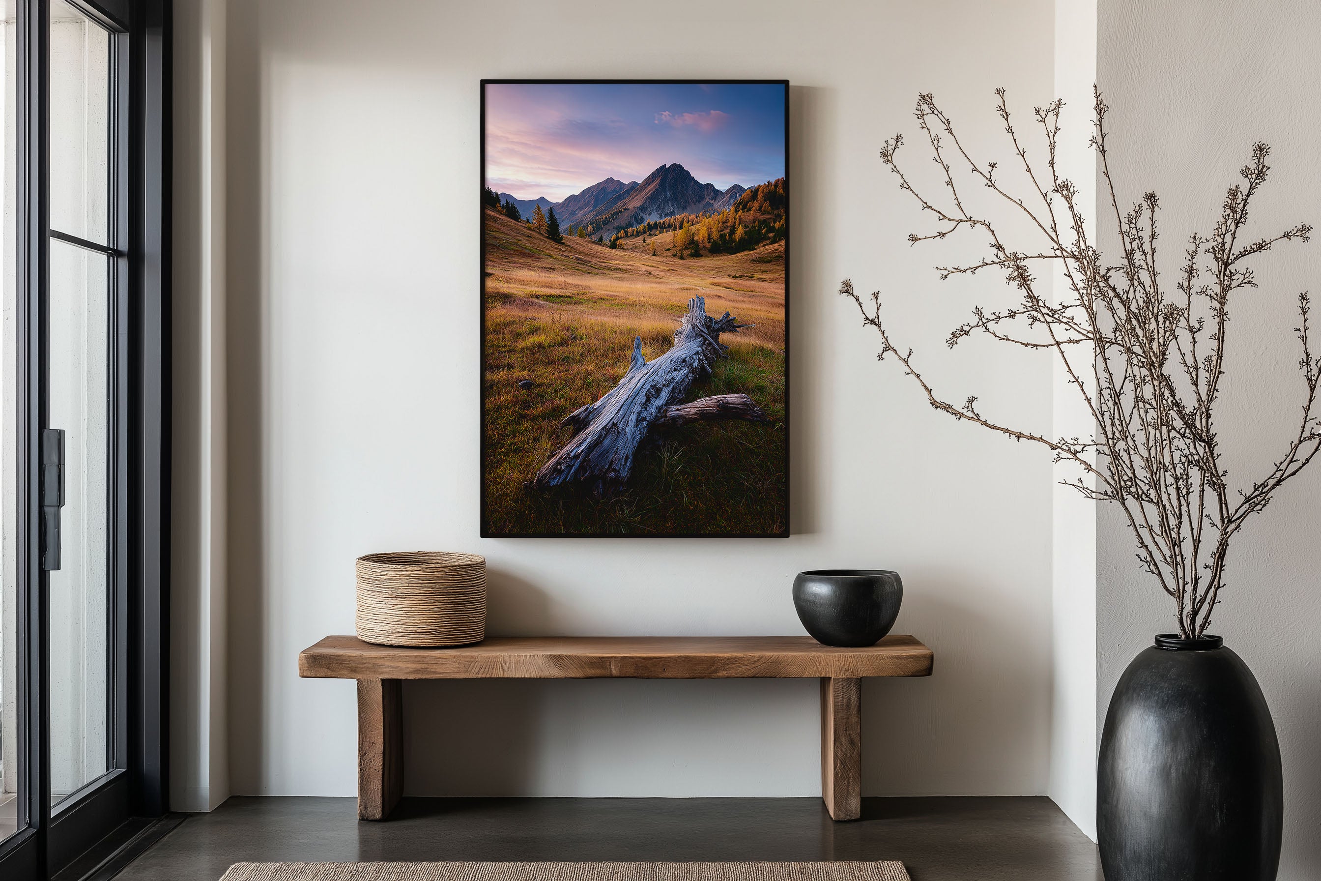 Dolomites Autumn Alpine Meadow Print | Italian Alps Fall Landscape Wall Art | Alpine Valley Driftwood Larch Sunset Photography Poster