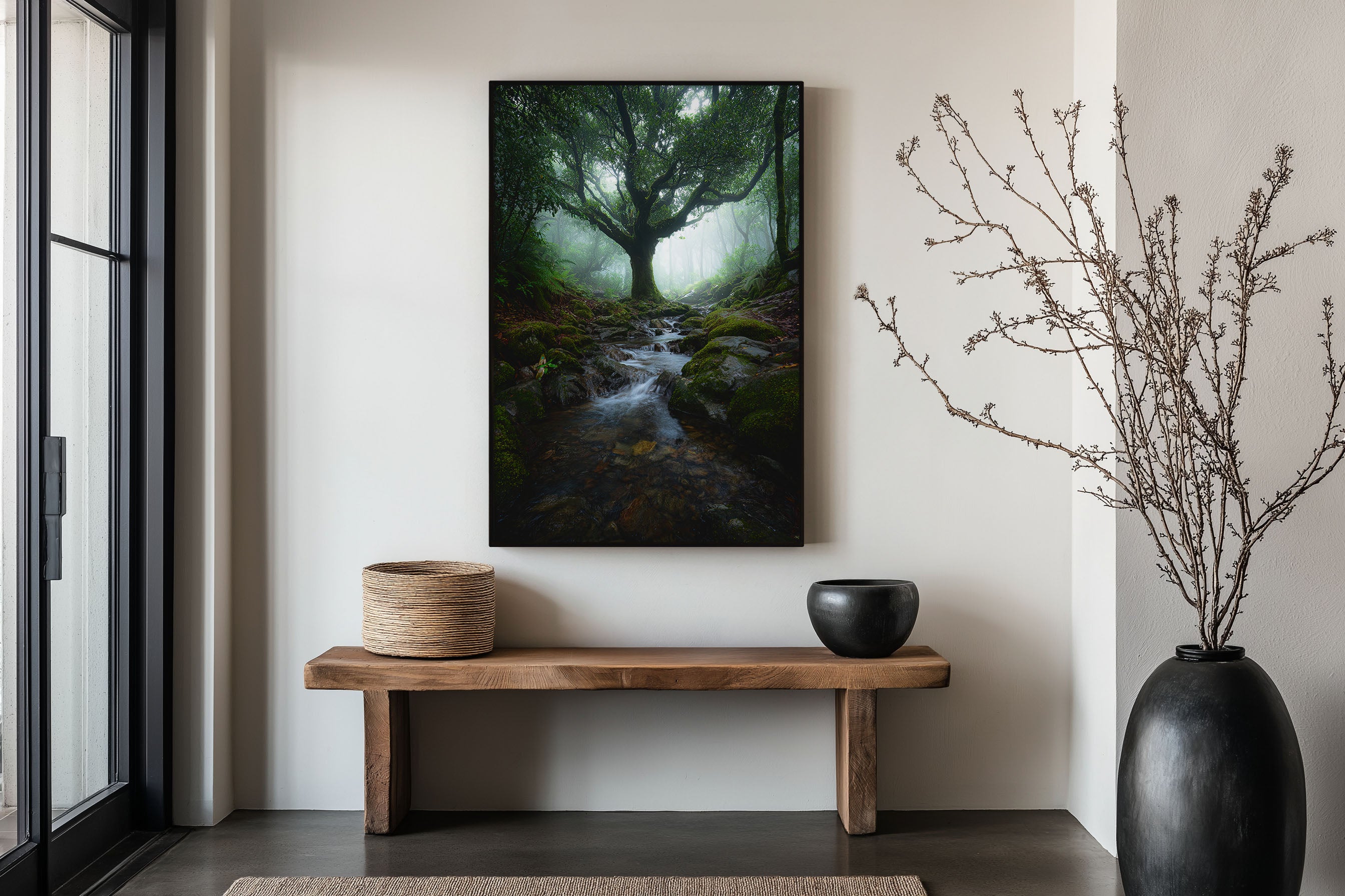 Enchanted Misty Forest Stream Print | Mystical Ancient Tree Wall Art | Tropical Rainforest Moss Rock Creek Landscape Photography Poster
