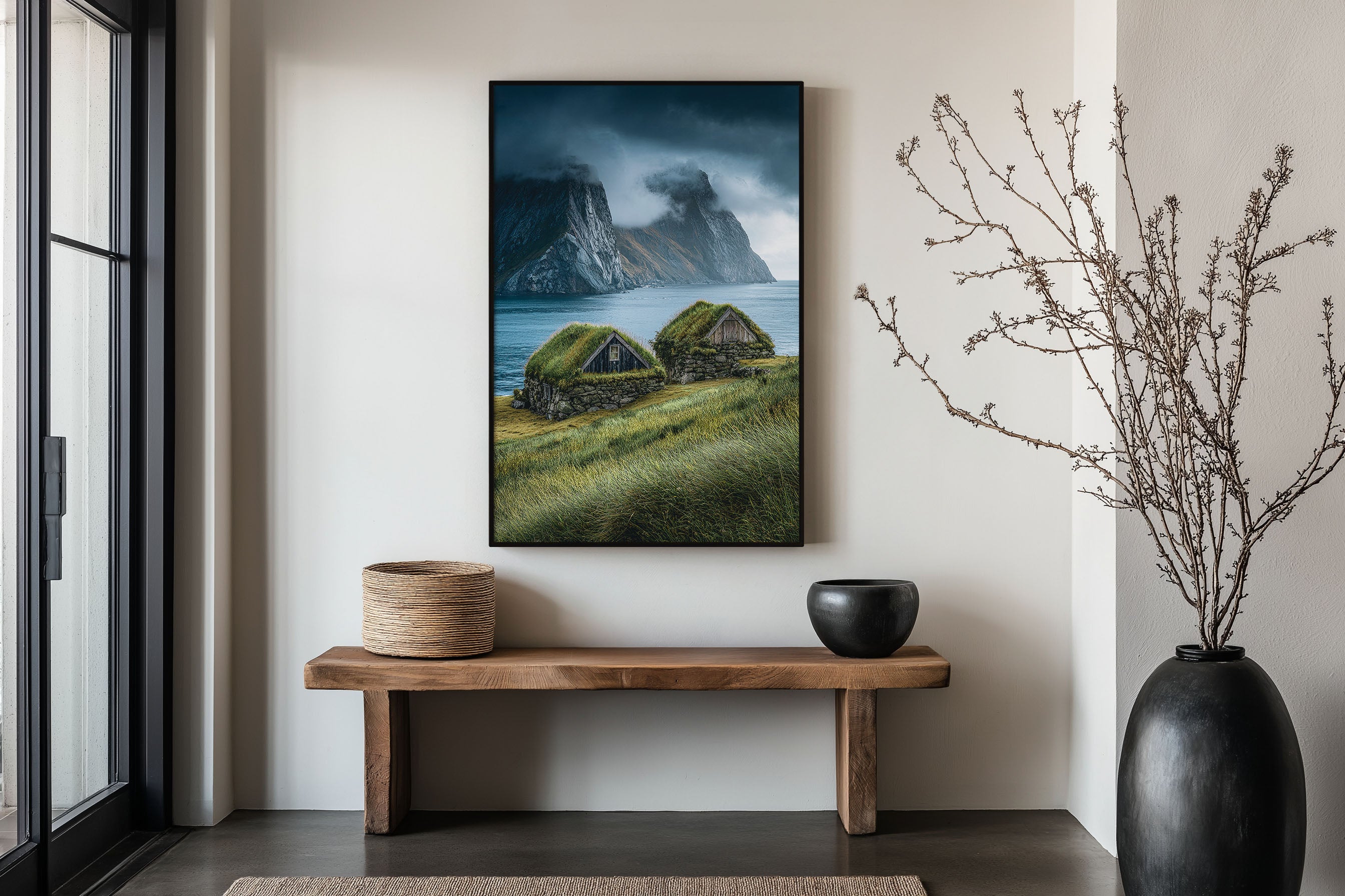 Nordic Turf Roof Cottages Print | Lofoten Islands Norway Wall Art | Moody Coastal Landscape Photography Poster