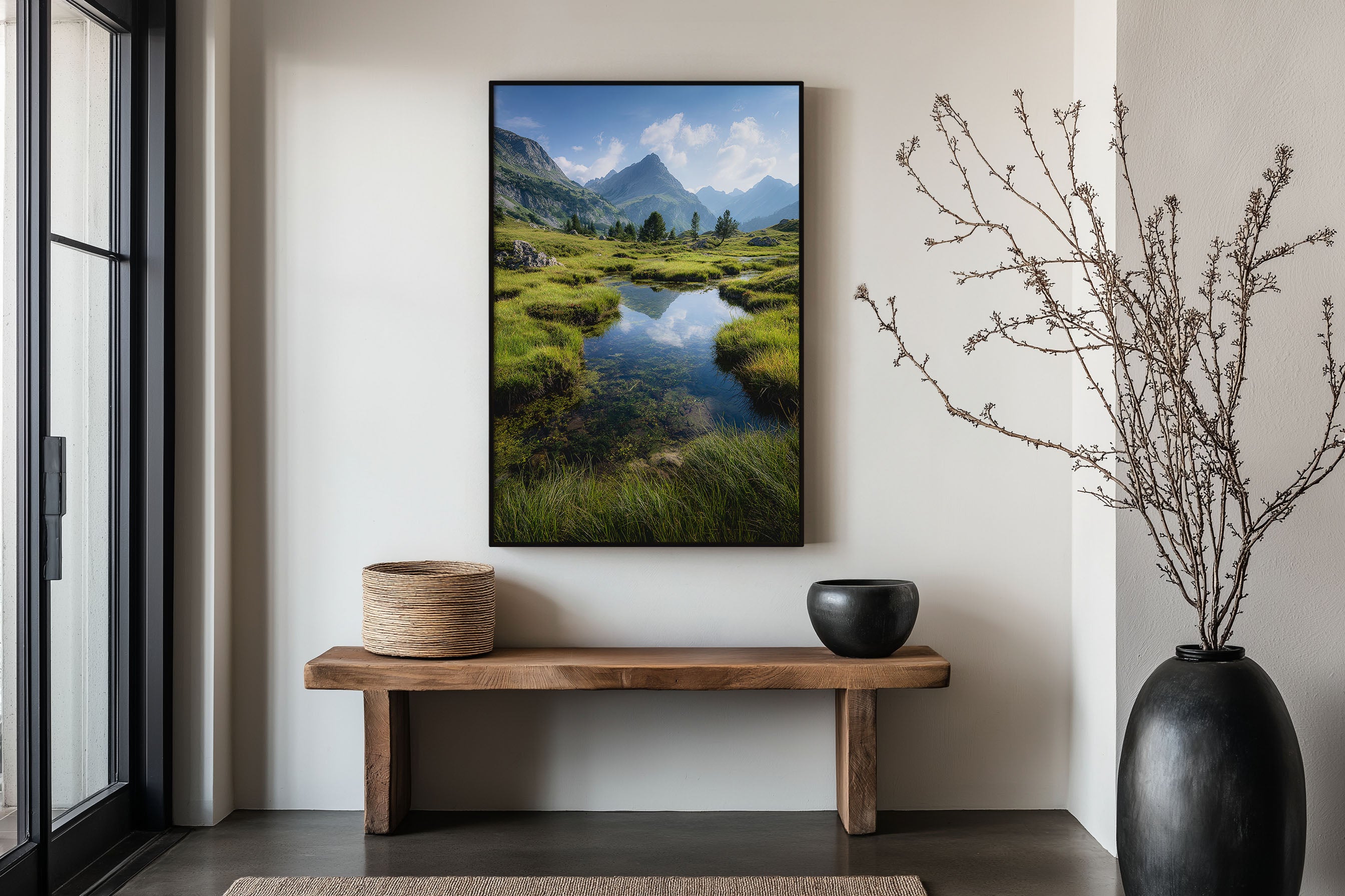 Alpine Meadow Print | Mountain Wetland Wall Art | Swiss Alps Summer Landscape | Green Nature Photography Poster