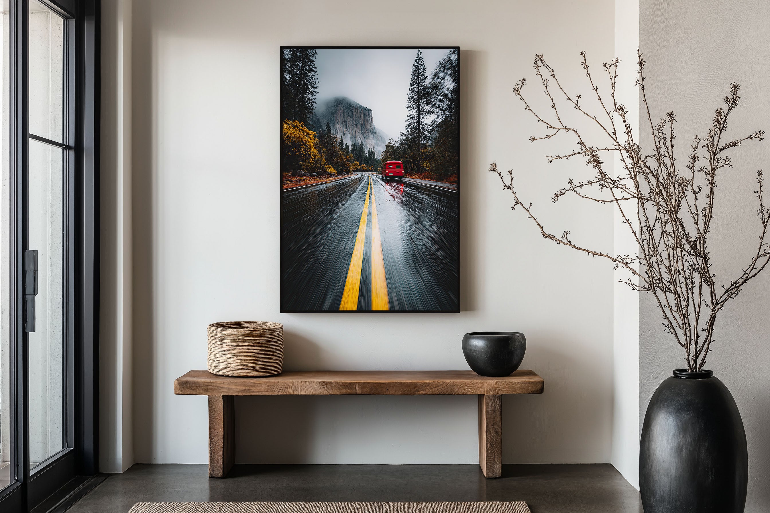 Yosemite Valley Rainy Road Trip Print | El Capitan Van Life Wall Art | Yosemite Autumn Wet Road Red Van Photography Poster