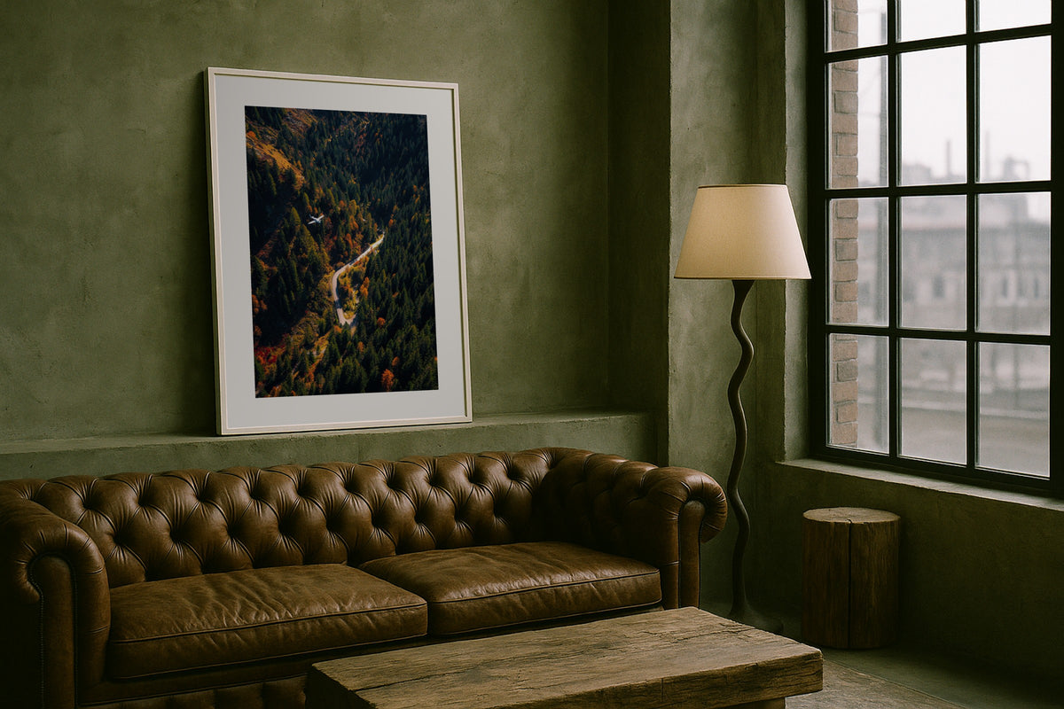 Flight over the Alps wall art print, framed with a white border, in a lake fjord view
