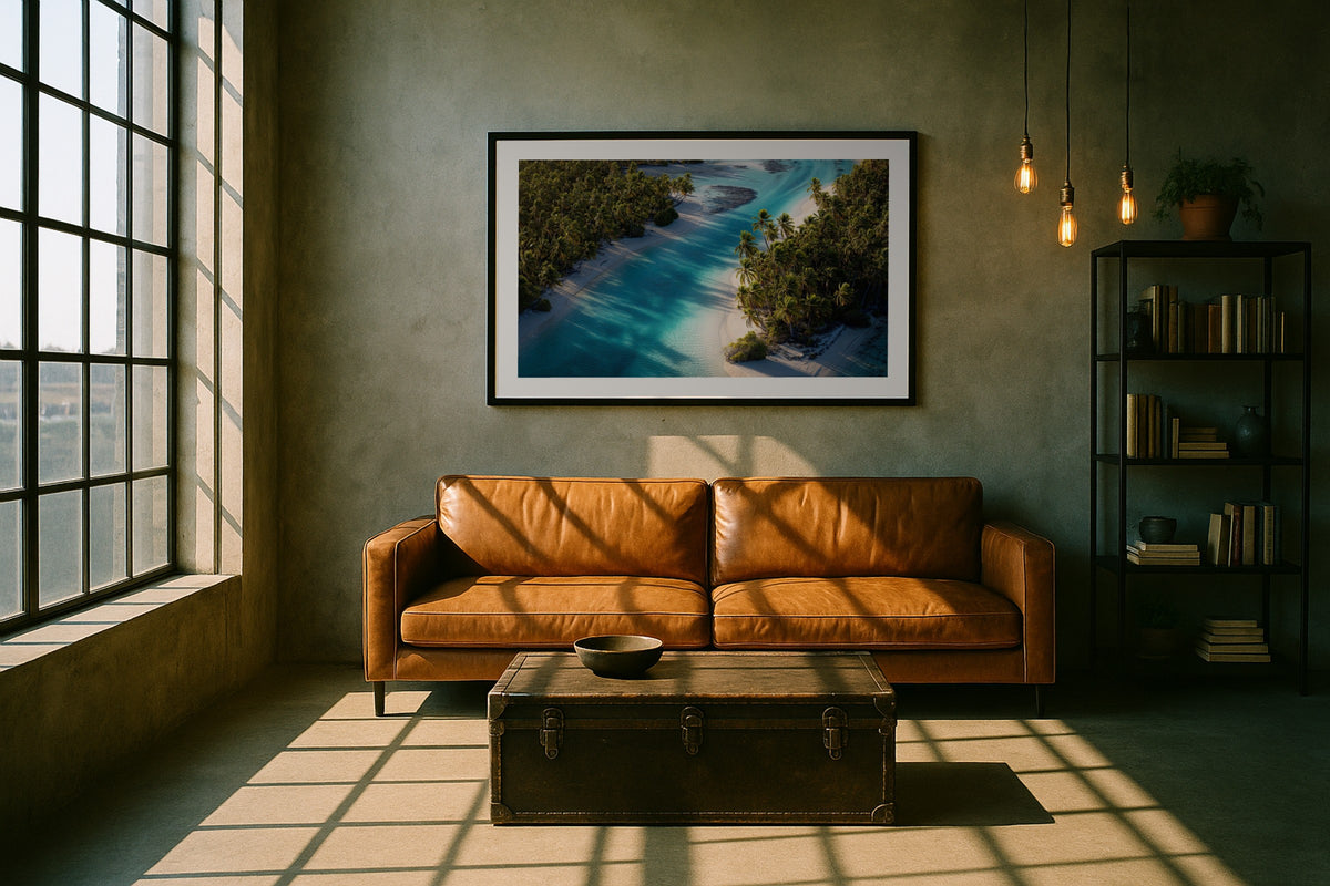 Palm Islands, Aitutaki wall art print, framed with a white border, in a canopy bed sea view