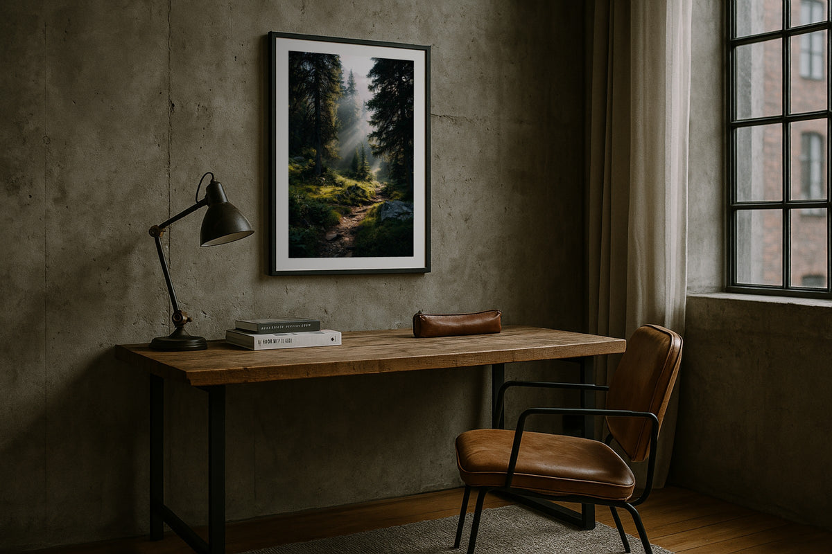 Sun Rays Through Pines wall art print, framed with a white border, in a tropical sunken lounge