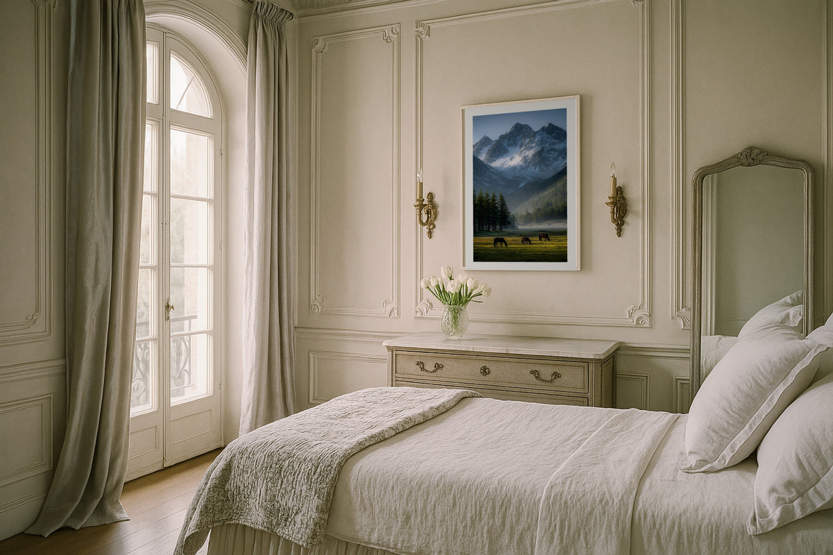Horses in the Valley wall art print, framed with a white border, in a kids bunk room