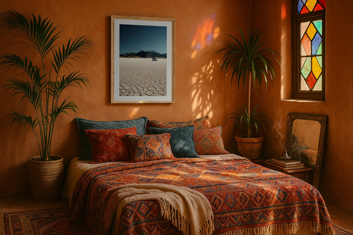 Alvord Desert Playa wall art print, framed with a white border, in a terracotta stained glass bedroom